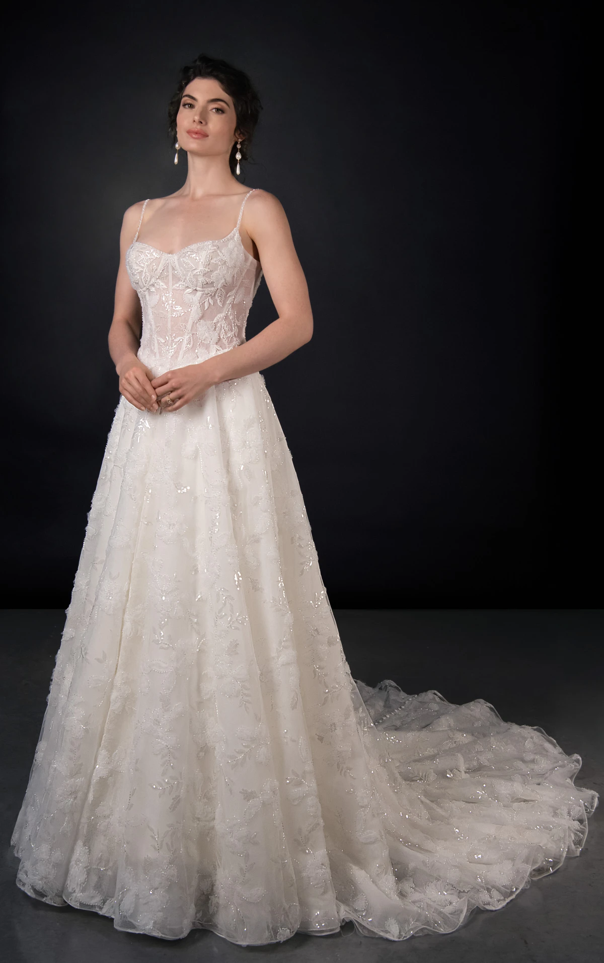 ml2032 Bustier Lace A-Line Wedding Gown with Shimmering Beaded Floral Detail  by Martina Liana