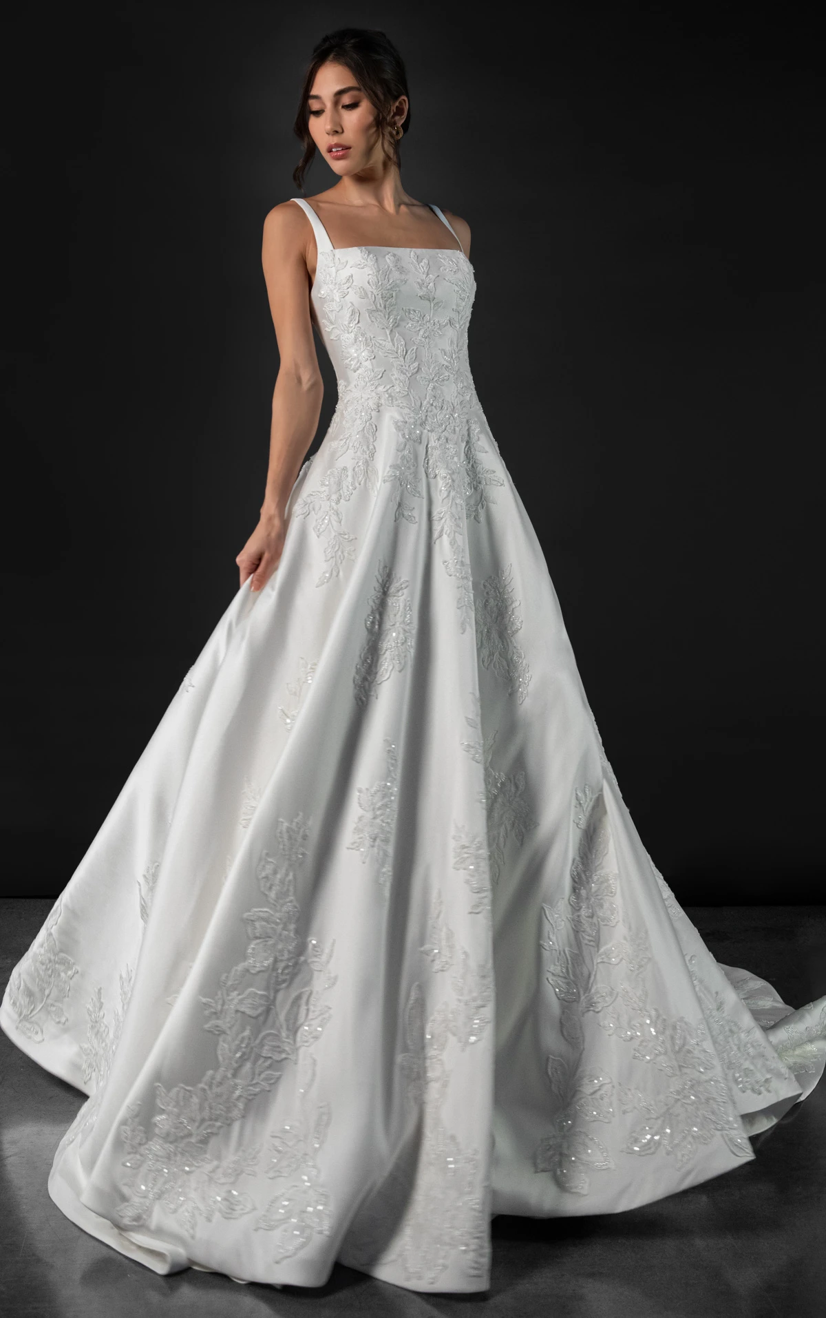 ml2036 Square Neck Lace and Silk Zibeline A-Line Wedding Gown with Pockets  by Martina Liana