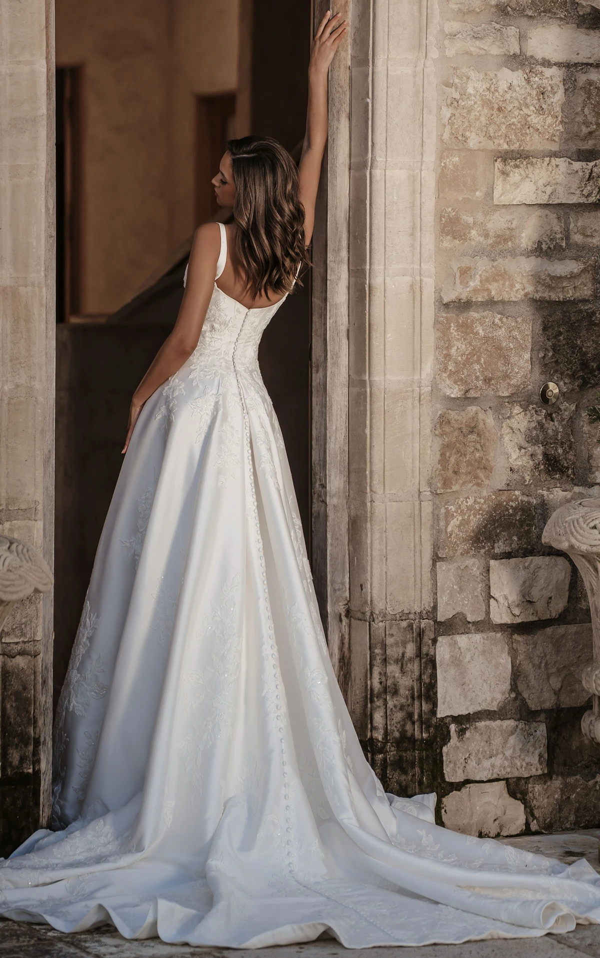 ml2036 Square Neck Lace and Silk Zibeline A-Line Wedding Gown with Pockets  by Martina Liana