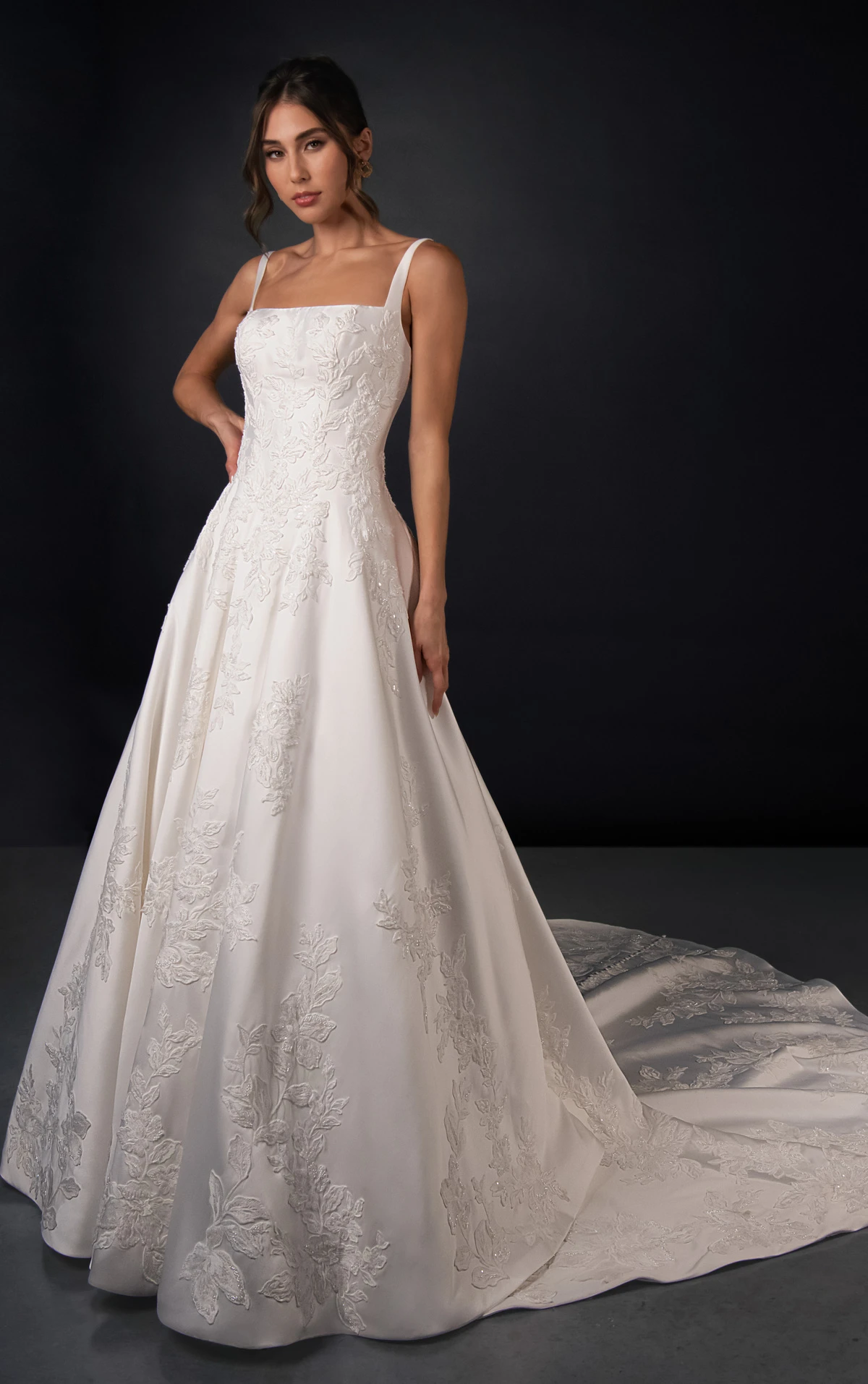 ml2036 Square Neck Lace and Silk Zibeline A-Line Wedding Gown with Pockets  by Martina Liana