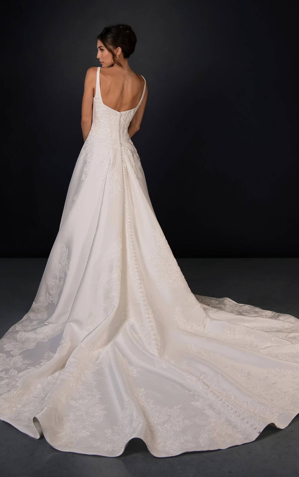 ml2036 Square Neck Lace and Silk Zibeline A-Line Wedding Gown with Pockets  by Martina Liana