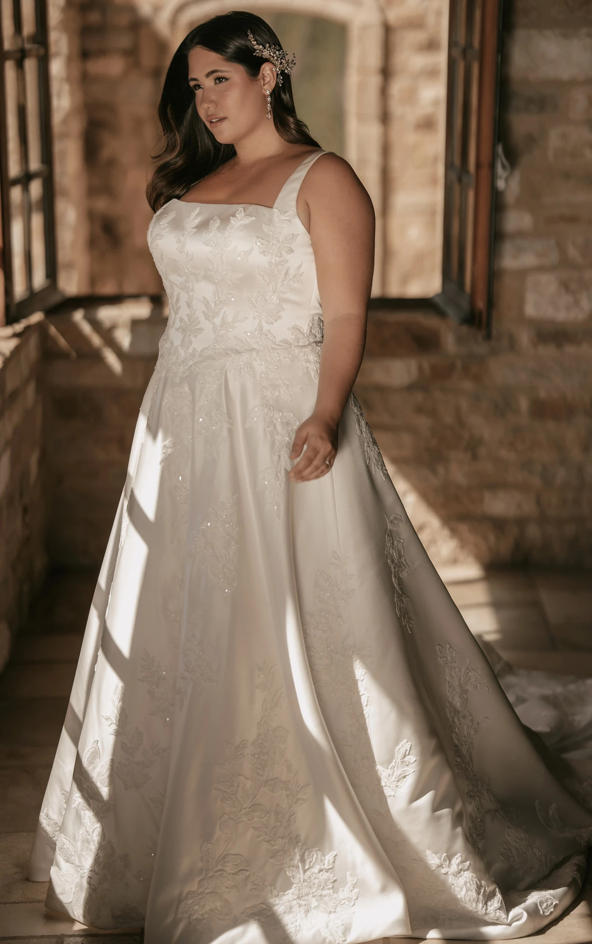 Plus Size Square Neck Lace and Silk Zibeline A-Line Wedding Gown with Pockets, ML2036+, byMartina Liana