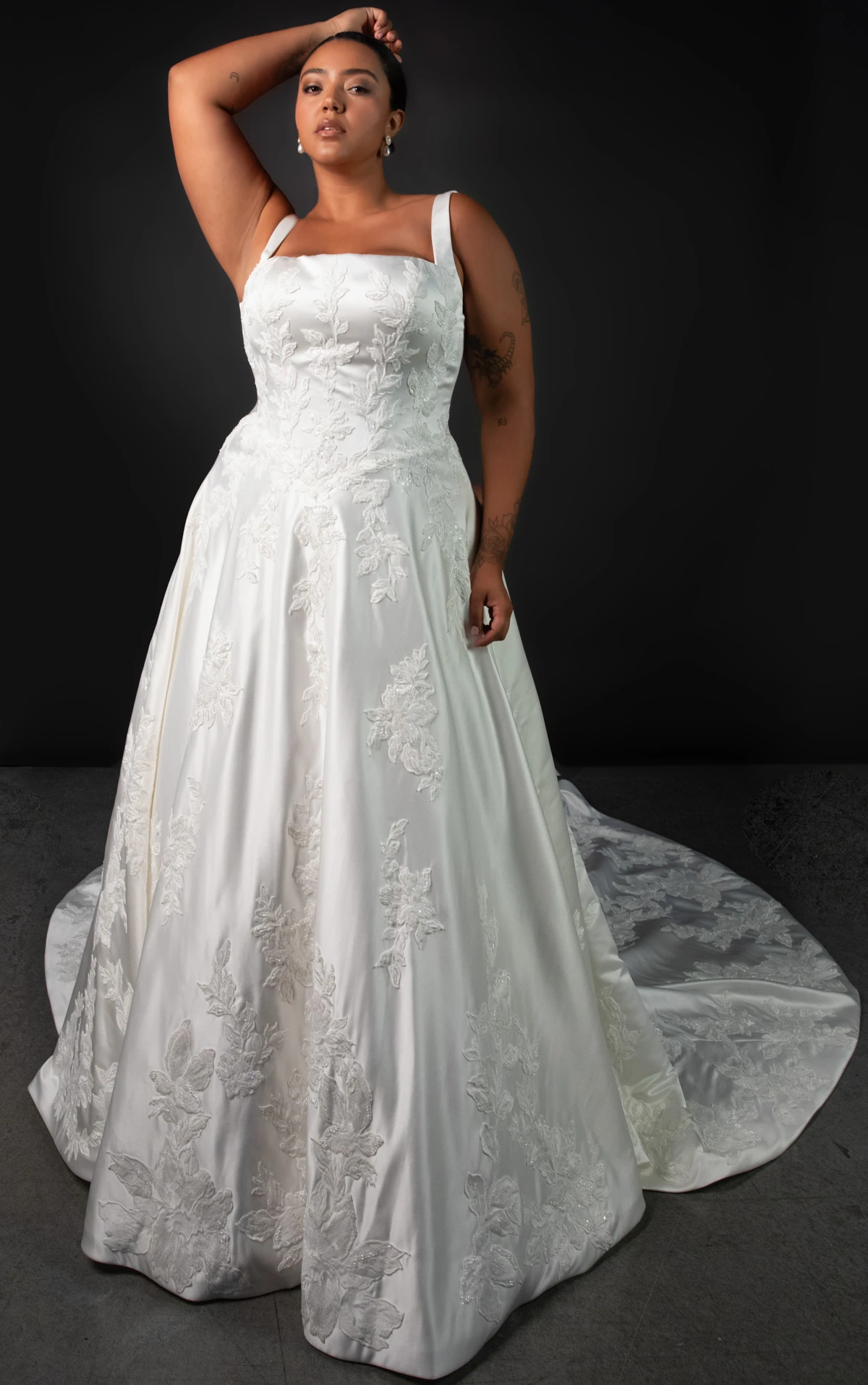 ml2036+ Plus Size Square Neck Lace and Silk Zibeline A-Line Wedding Gown with Pockets  by Martina Liana