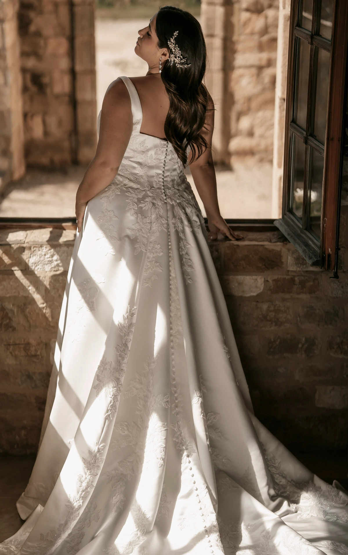 ml2036+ Plus Size Square Neck Lace and Silk Zibeline A-Line Wedding Gown with Pockets  by Martina Liana