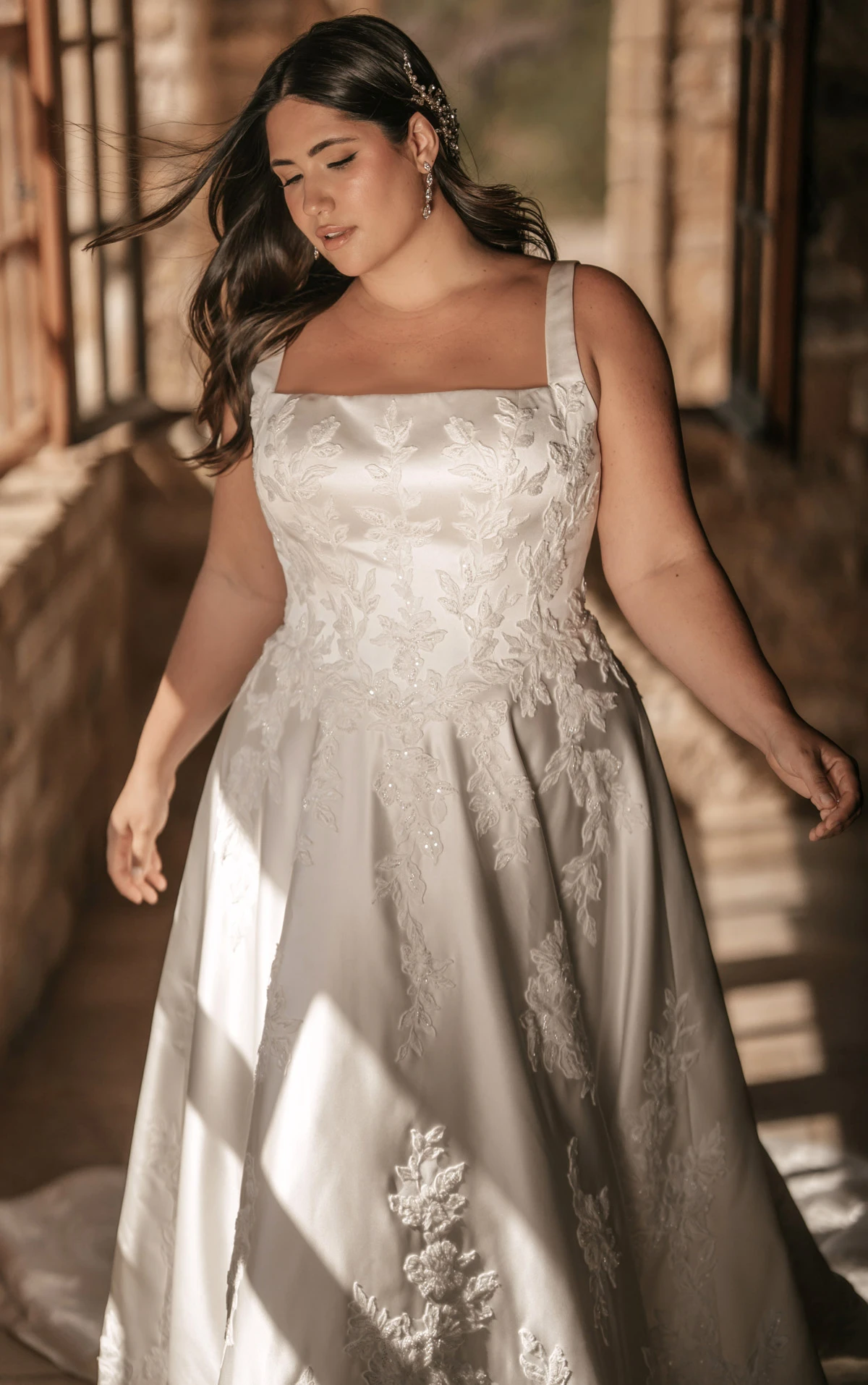 ml2036+ Plus Size Square Neck Lace and Silk Zibeline A-Line Wedding Gown with Pockets  by Martina Liana