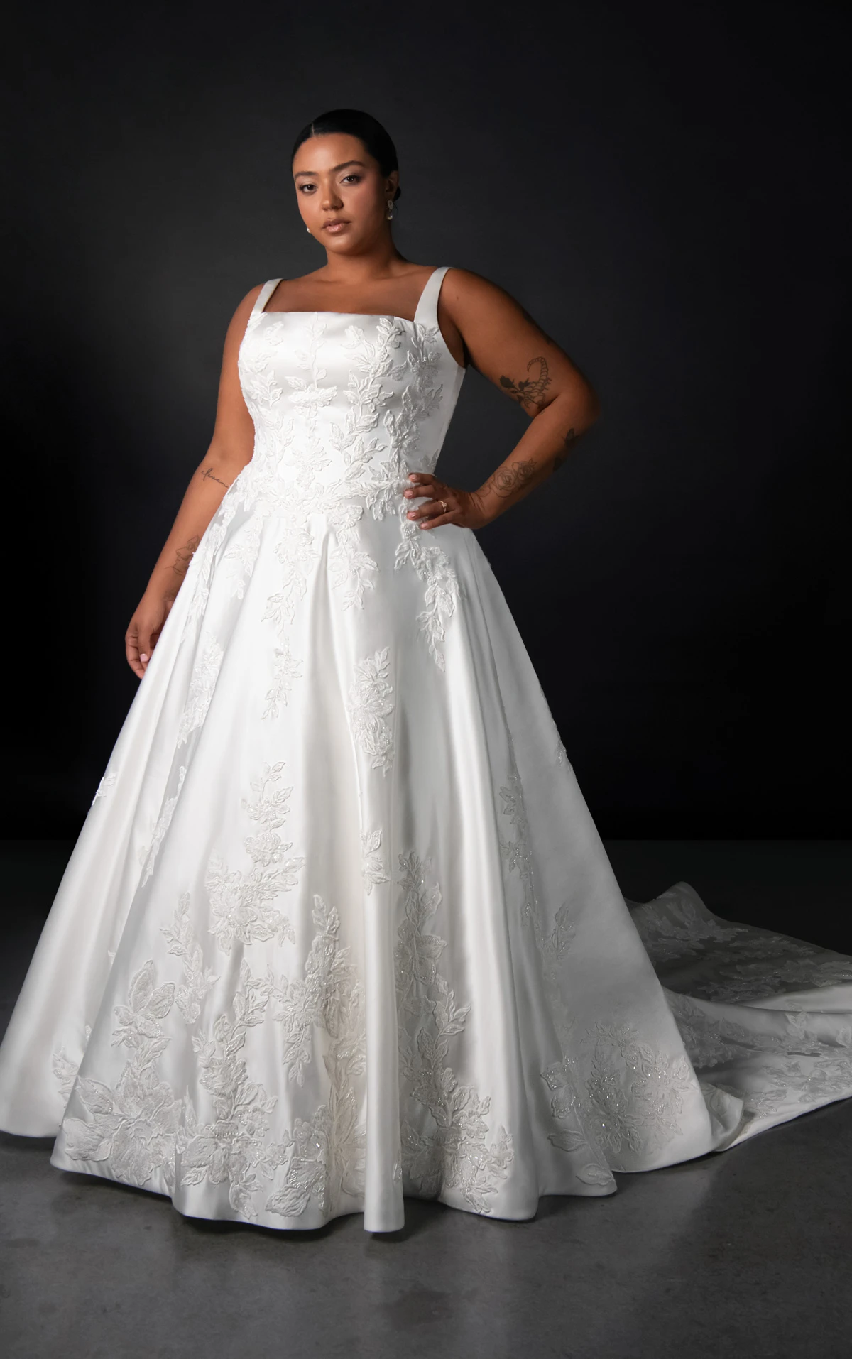 ml2036+ Plus Size Square Neck Lace and Silk Zibeline A-Line Wedding Gown with Pockets  by Martina Liana