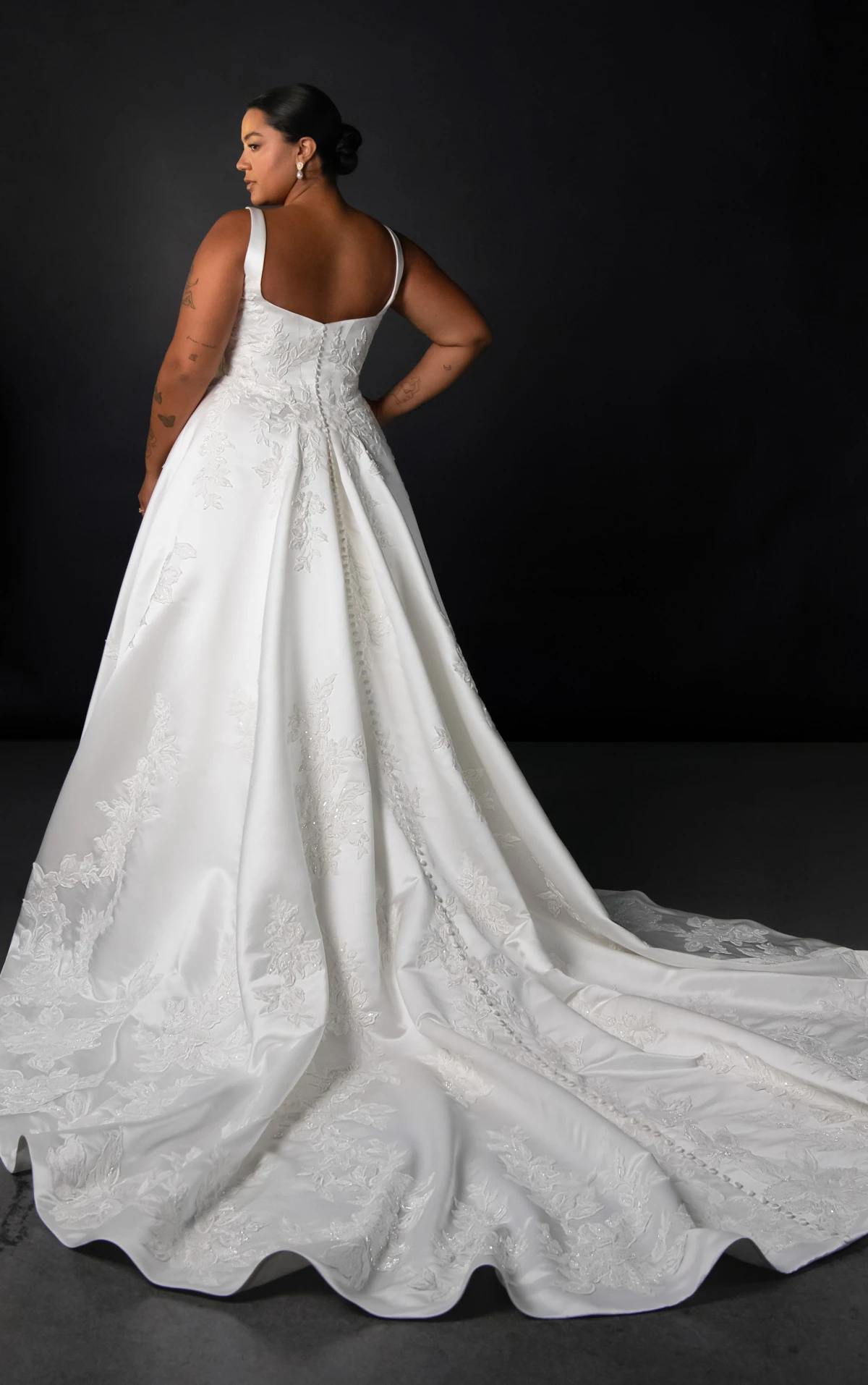 ml2036+ Plus Size Square Neck Lace and Silk Zibeline A-Line Wedding Gown with Pockets  by Martina Liana