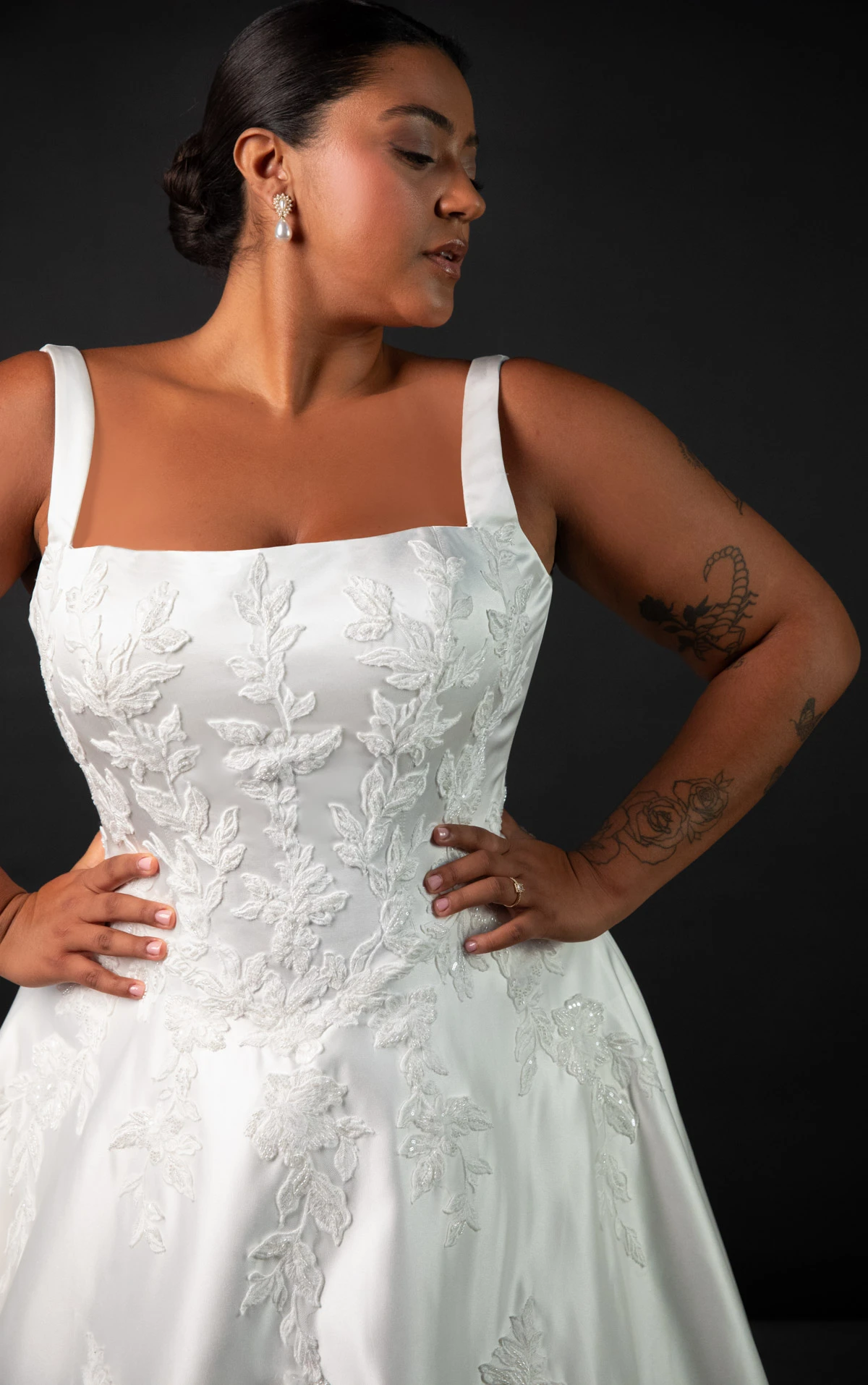 ml2036+ Plus Size Square Neck Lace and Silk Zibeline A-Line Wedding Gown with Pockets  by Martina Liana