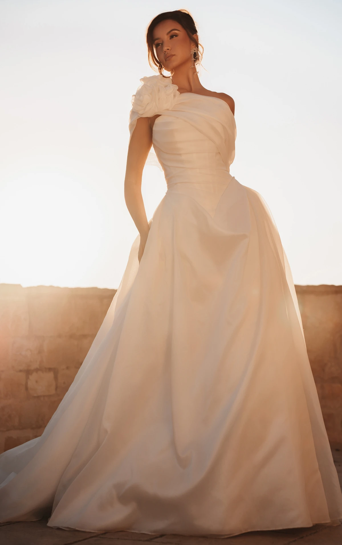 ml2037 Luxe Organza A-Line Wedding Gown with Asymmetrical Shawl and Detachable Bow by Martina Liana