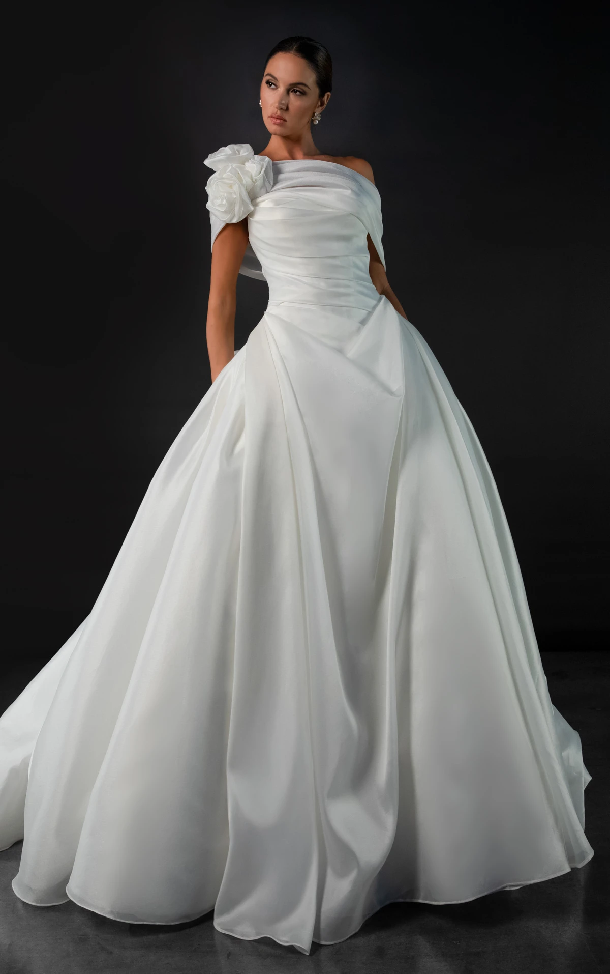 ml2037 Luxe Organza A-Line Wedding Gown with Asymmetrical Shawl and Detachable Bow by Martina Liana