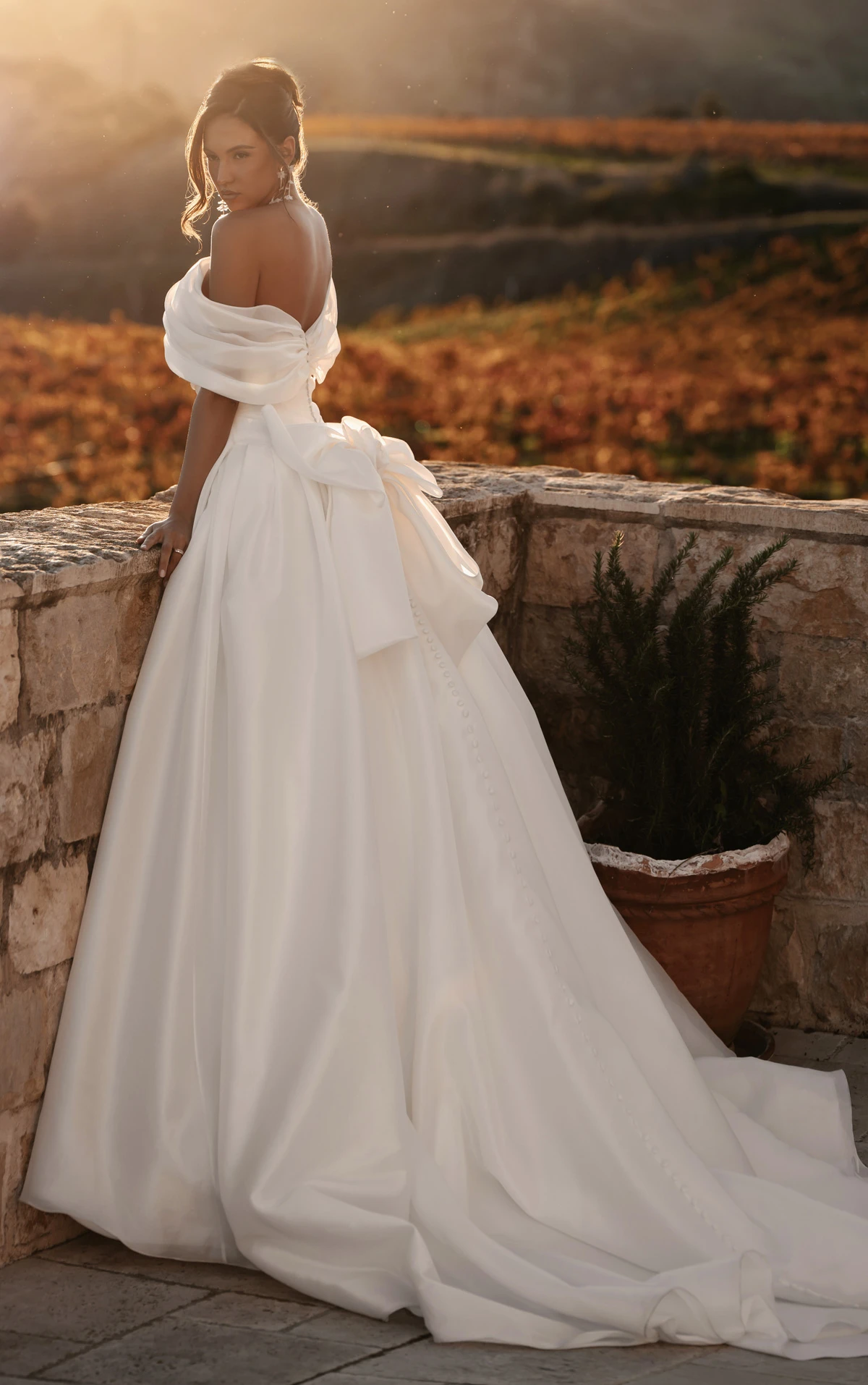 ml2037 Luxe Organza A-Line Wedding Gown with Asymmetrical Shawl and Detachable Bow by Martina Liana