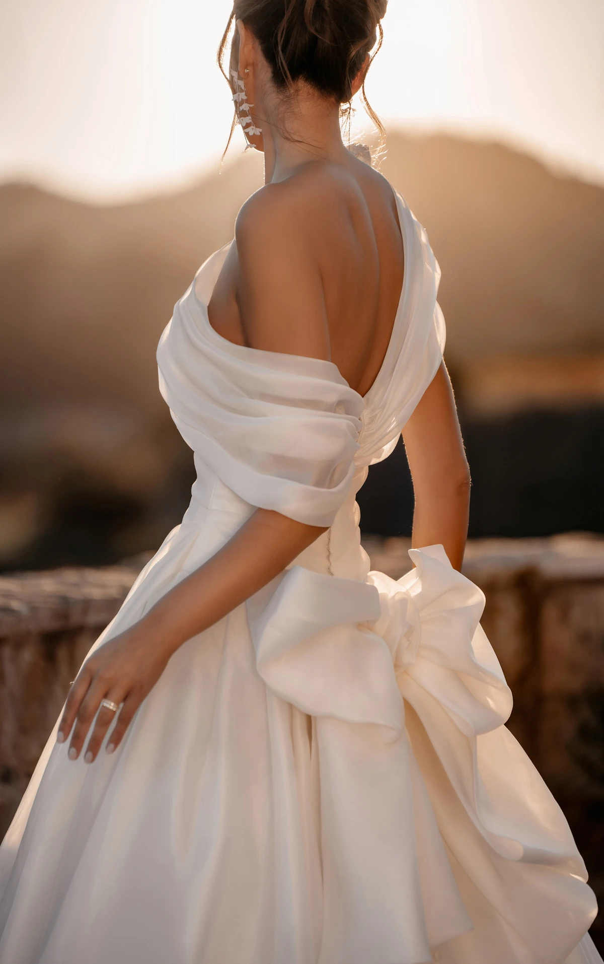 ml2037 Luxe Organza A-Line Wedding Gown with Asymmetrical Shawl and Detachable Bow by Martina Liana
