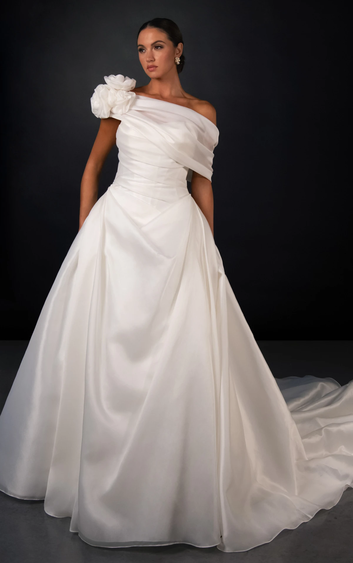 ml2037 Luxe Organza A-Line Wedding Gown with Asymmetrical Shawl and Detachable Bow by Martina Liana