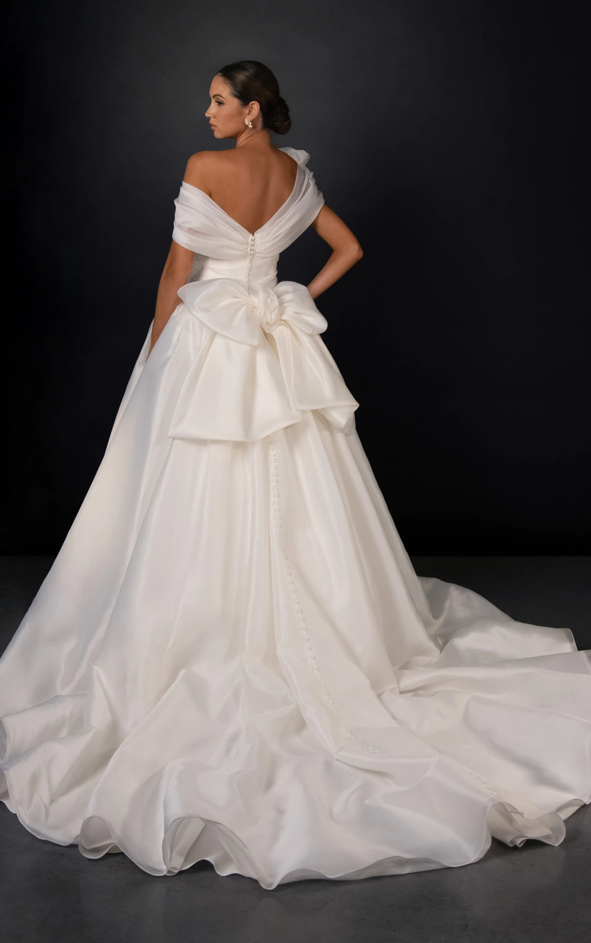 ml2037 Luxe Organza A-Line Wedding Gown with Asymmetrical Shawl and Detachable Bow by Martina Liana