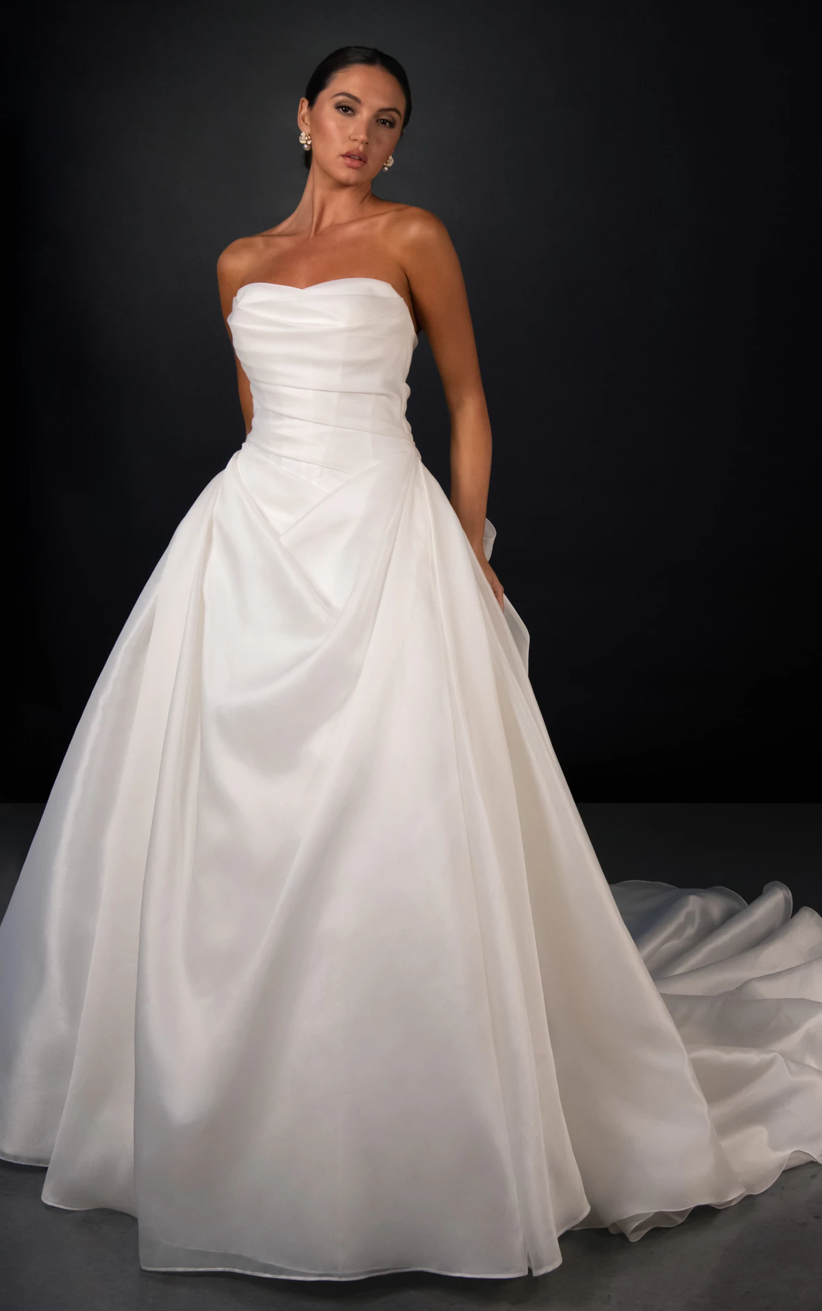 ml2037 Luxe Organza A-Line Wedding Gown with Asymmetrical Shawl and Detachable Bow by Martina Liana