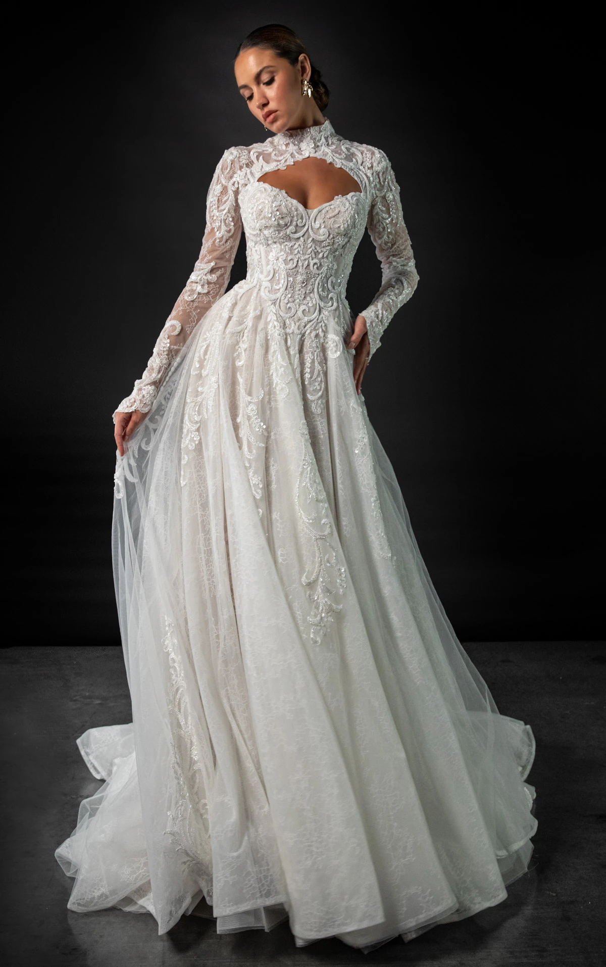 ml2040 High-Neck Long Sleeve Lace and Tulle A-Line Wedding Gown  by Martina Liana