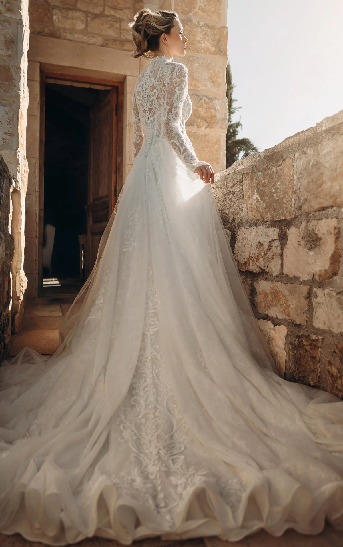 ml2040 High-Neck Long Sleeve Lace and Tulle A-Line Wedding Gown  by Martina Liana