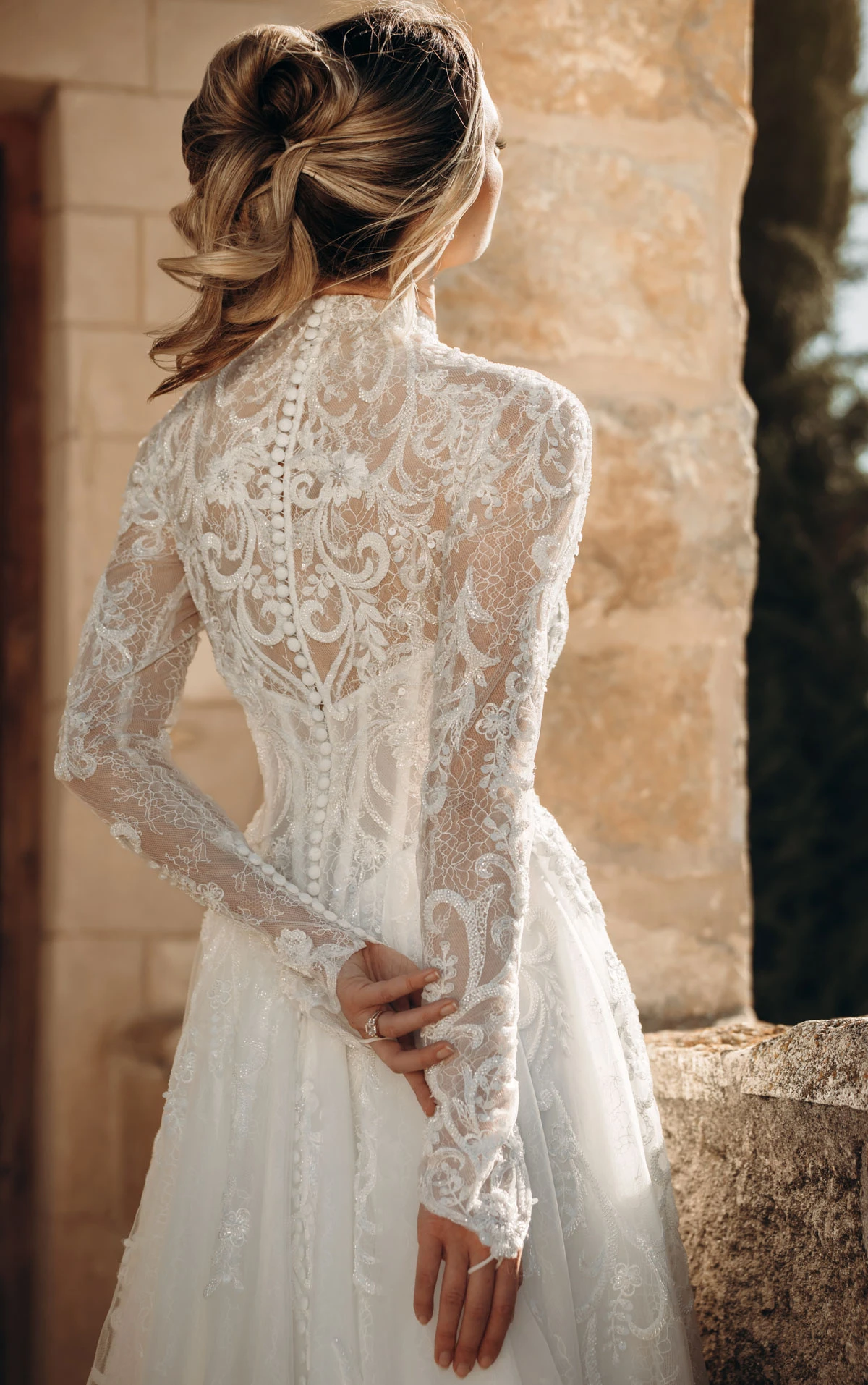 ml2040 High-Neck Long Sleeve Lace and Tulle A-Line Wedding Gown  by Martina Liana