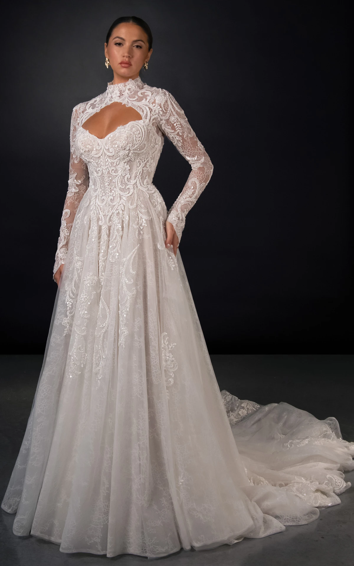 ml2040 High-Neck Long Sleeve Lace and Tulle A-Line Wedding Gown  by Martina Liana