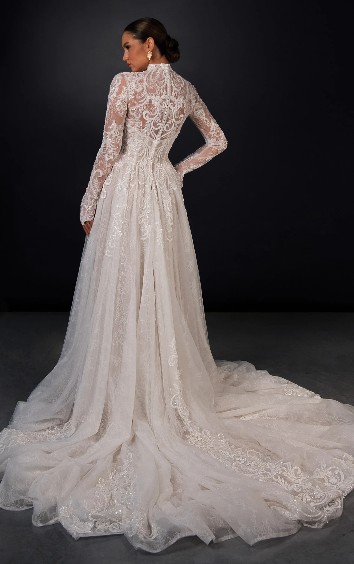ml2040 High-Neck Long Sleeve Lace and Tulle A-Line Wedding Gown  by Martina Liana