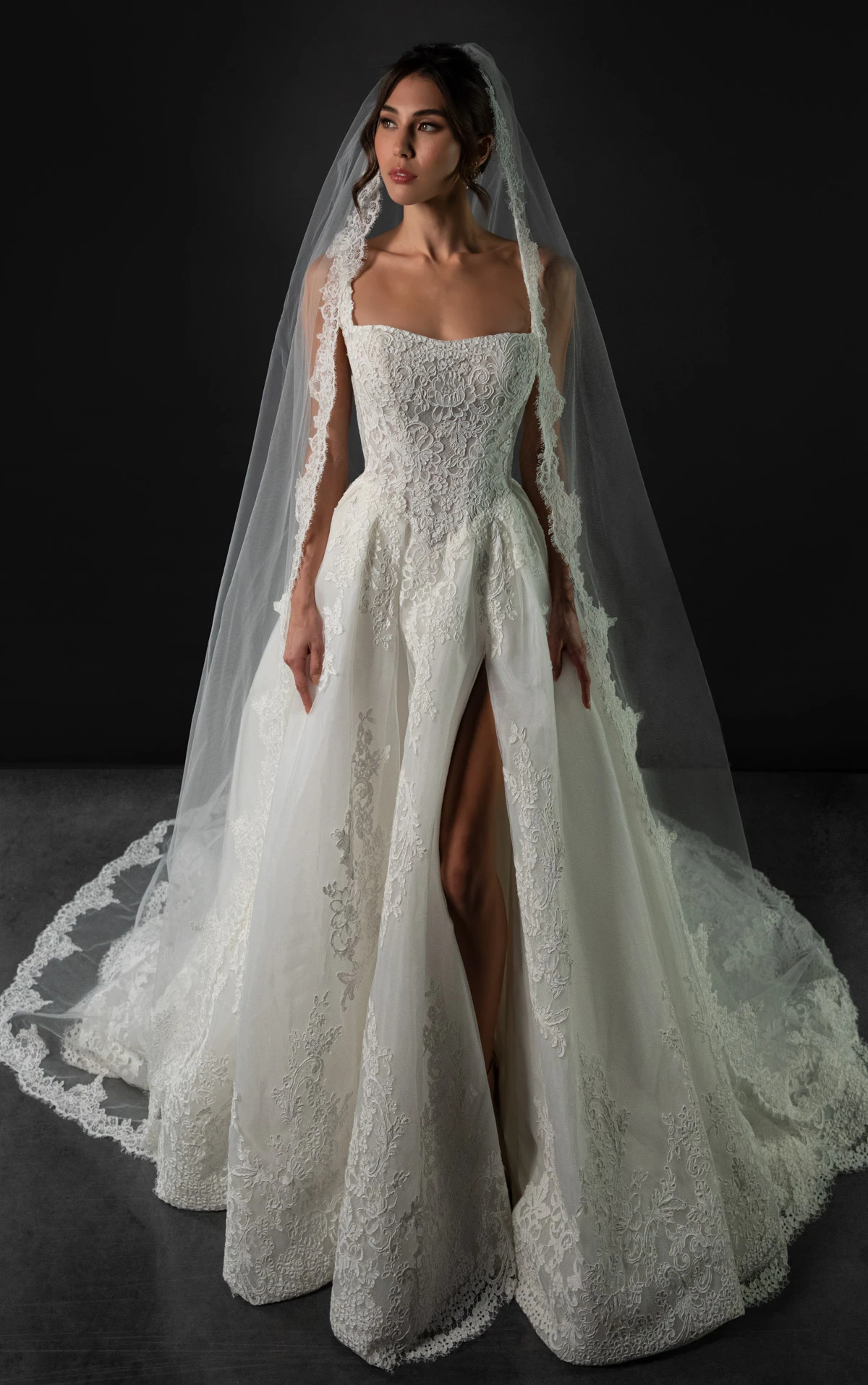 ml2041 Square Neck Lace and Tulle A-Line Wedding Gown with Bow Details  by Martina Liana