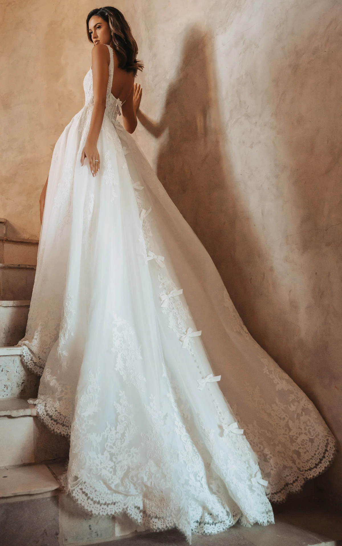 ml2041 Square Neck Lace and Tulle A-Line Wedding Gown with Bow Details  by Martina Liana