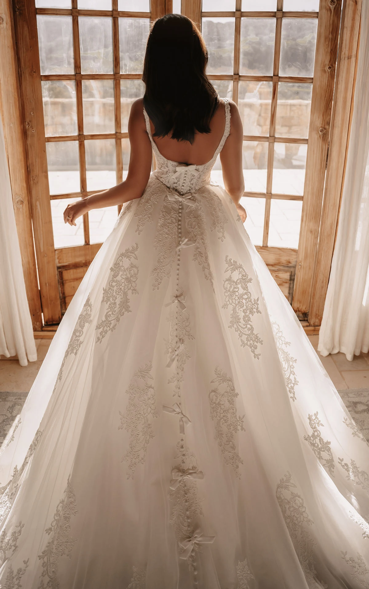 ml2041 Square Neck Lace and Tulle A-Line Wedding Gown with Bow Details  by Martina Liana