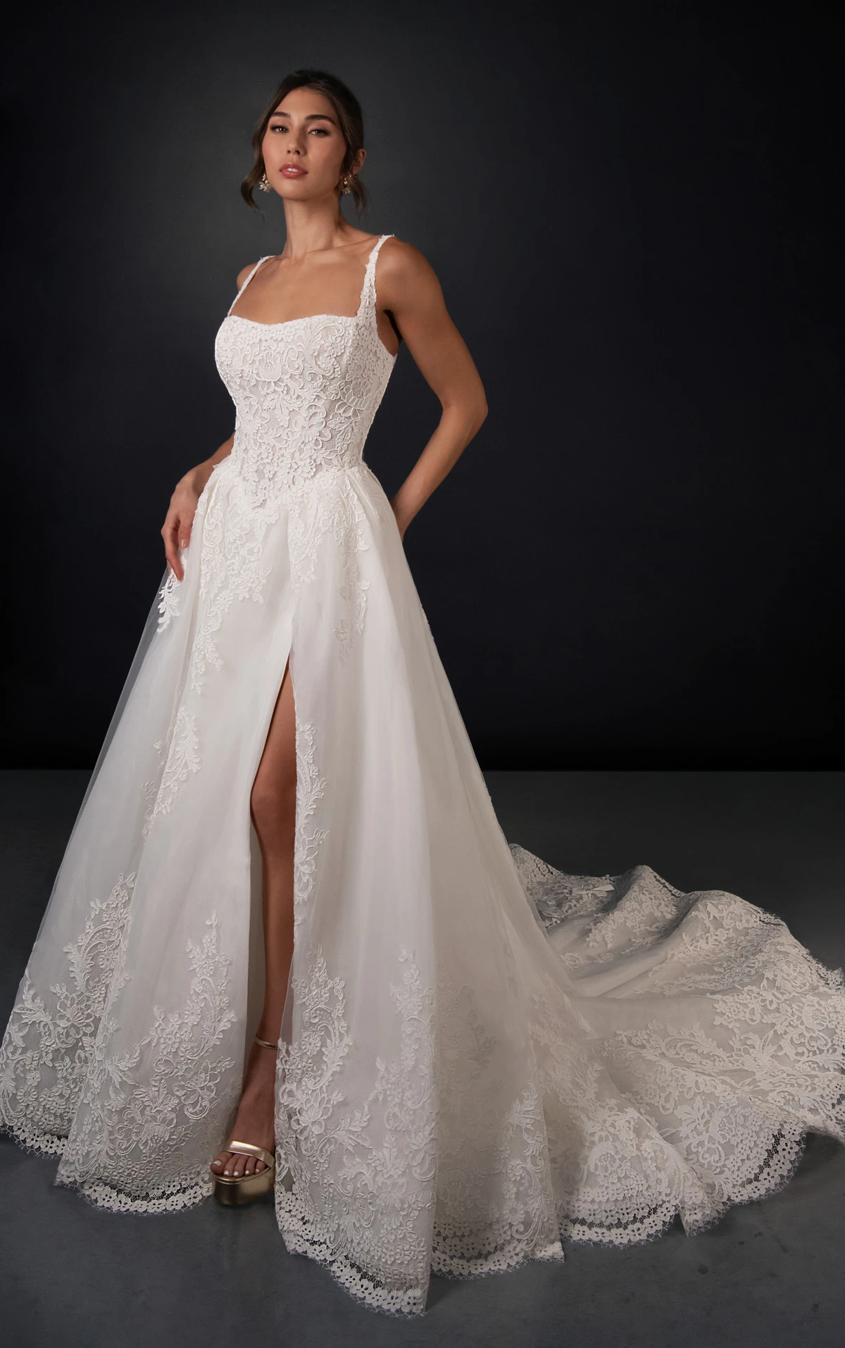ml2041 Square Neck Lace and Tulle A-Line Wedding Gown with Bow Details  by Martina Liana