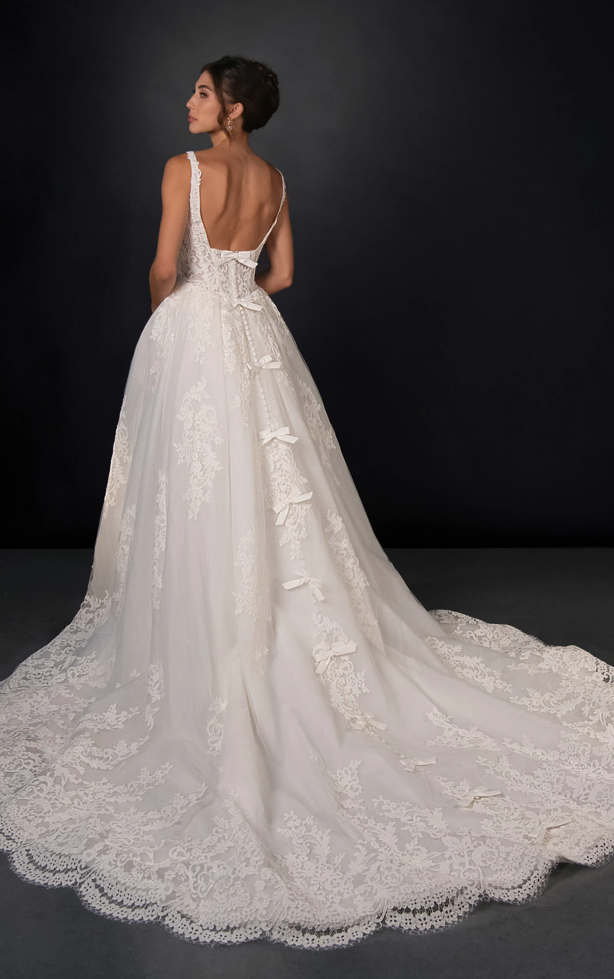 ml2041 Square Neck Lace and Tulle A-Line Wedding Gown with Bow Details  by Martina Liana