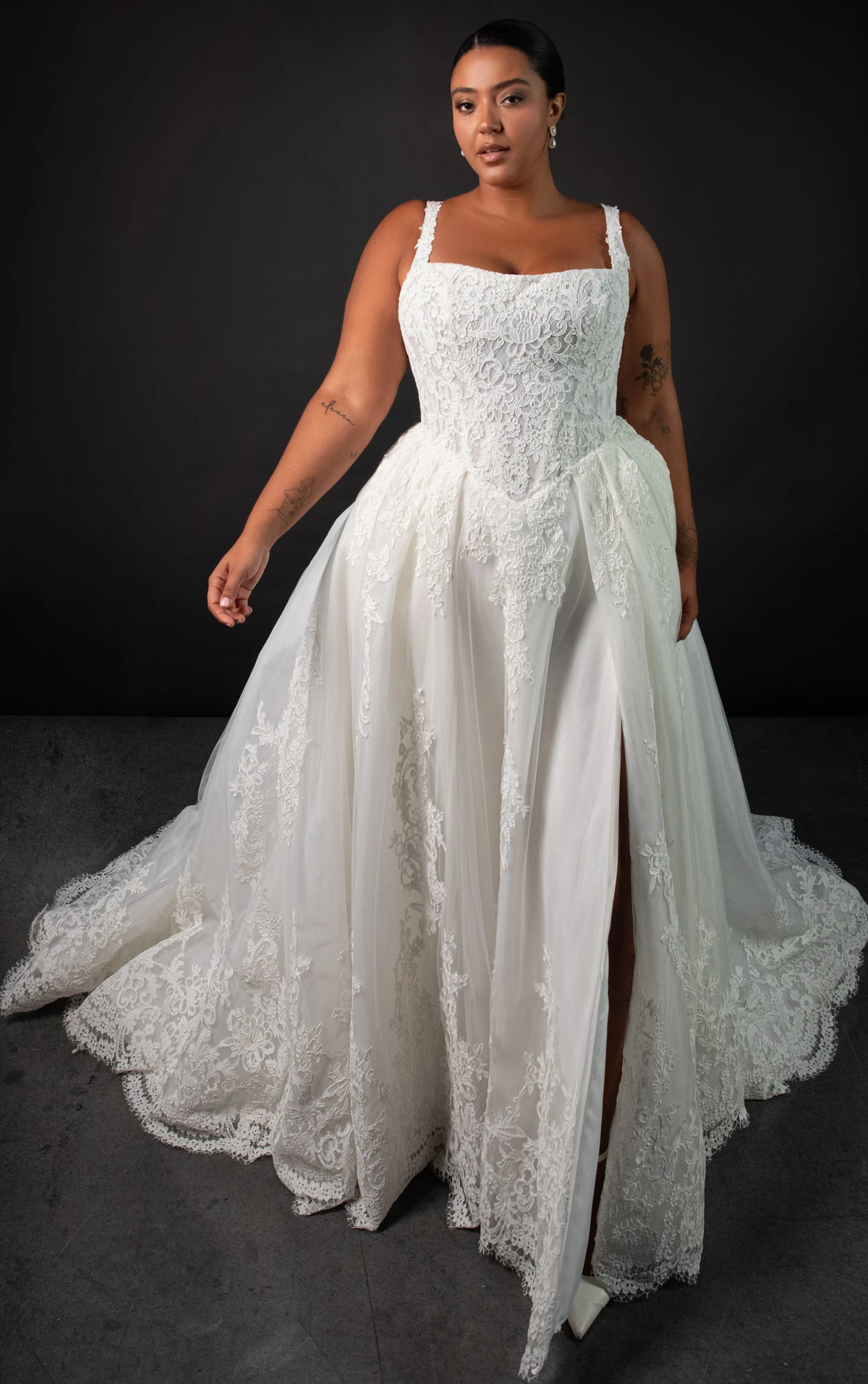 Plus Size Square Neck Lace and Tulle A-Line Wedding Gown with Bow Details, ML2041+, byMartina Liana