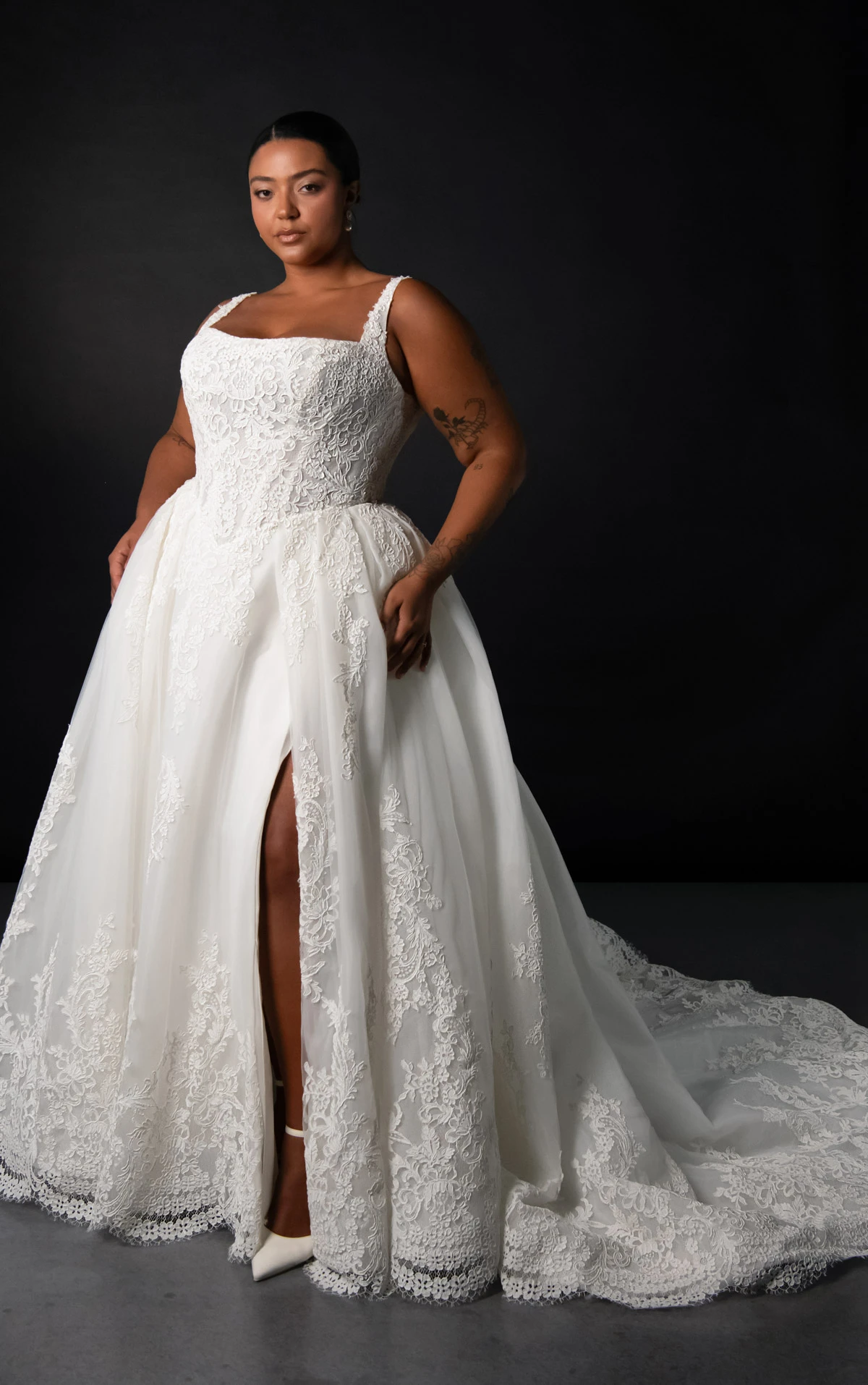 ml2041+ Plus Size Square Neck Lace and Tulle A-Line Wedding Gown with Bow Details  by Martina Liana