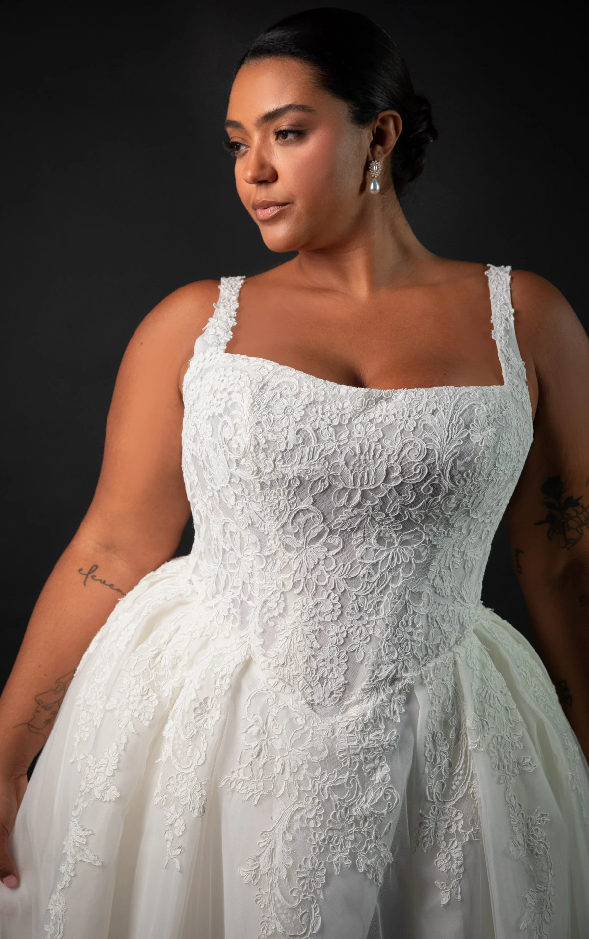 ml2041+ Plus Size Square Neck Lace and Tulle A-Line Wedding Gown with Bow Details  by Martina Liana