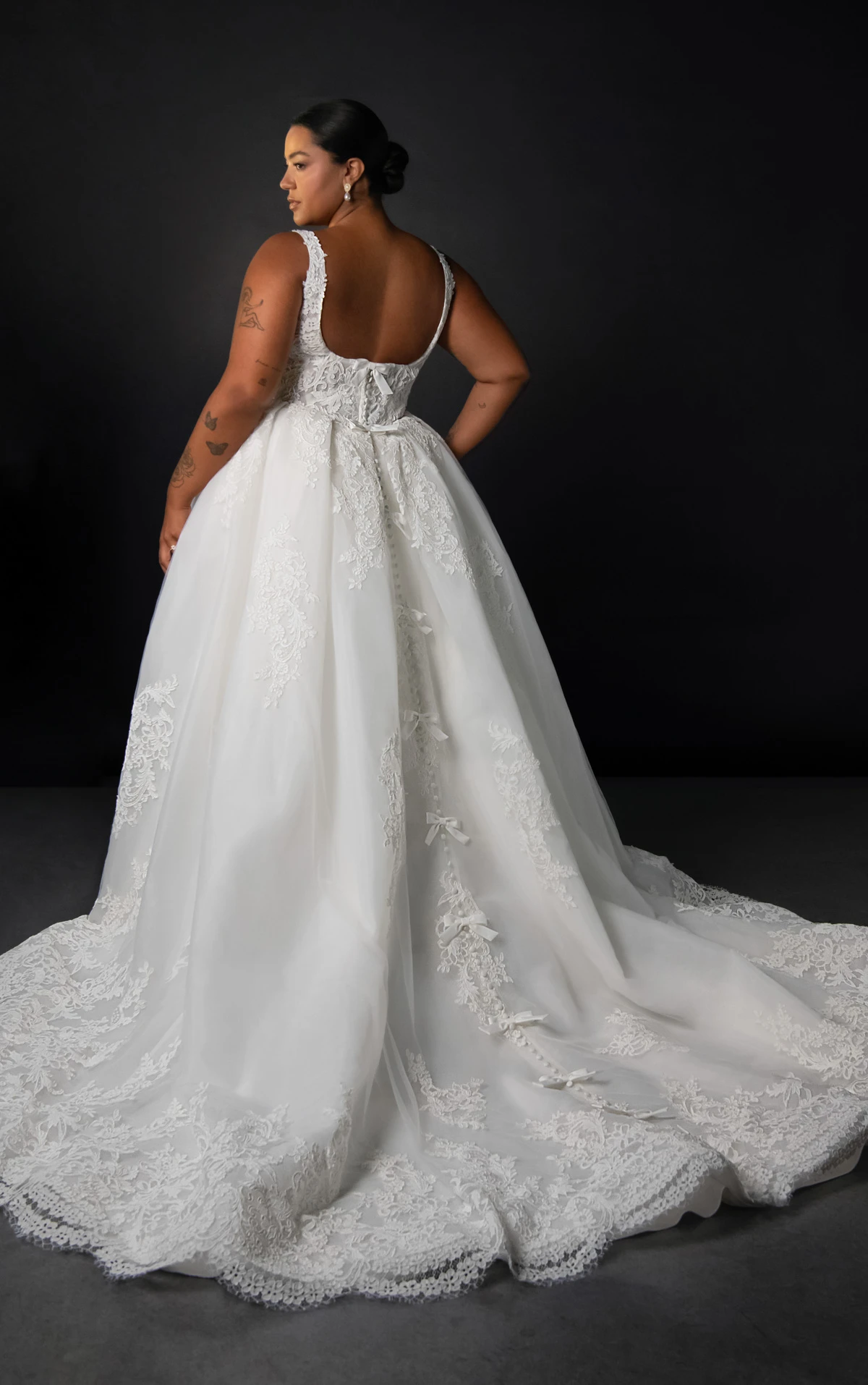 ml2041+ Plus Size Square Neck Lace and Tulle A-Line Wedding Gown with Bow Details  by Martina Liana