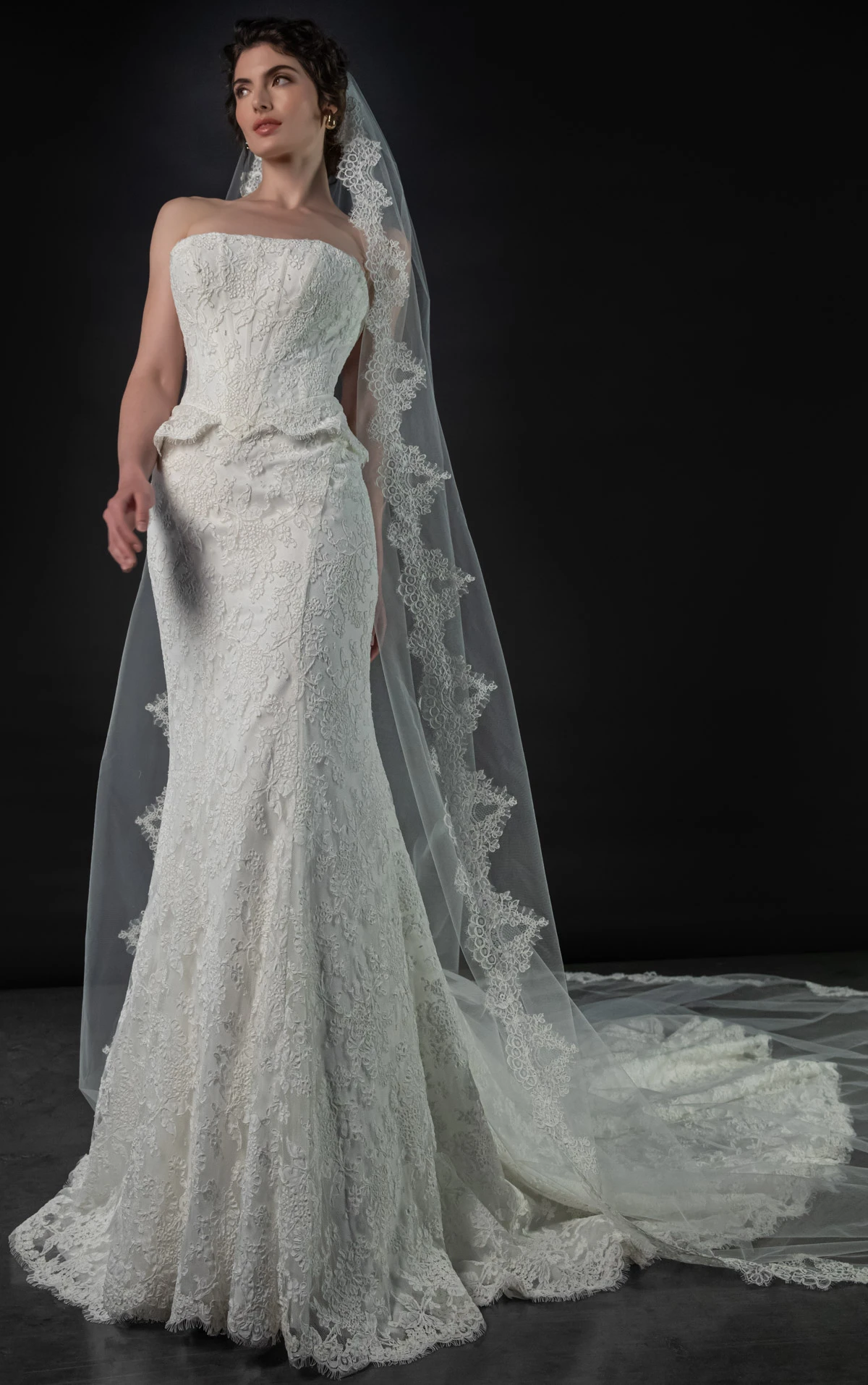 ml2042 Lace Strapless Fit-and-Flare Wedding Gown with Dainty Peplum Waist Detail  by Martina Liana