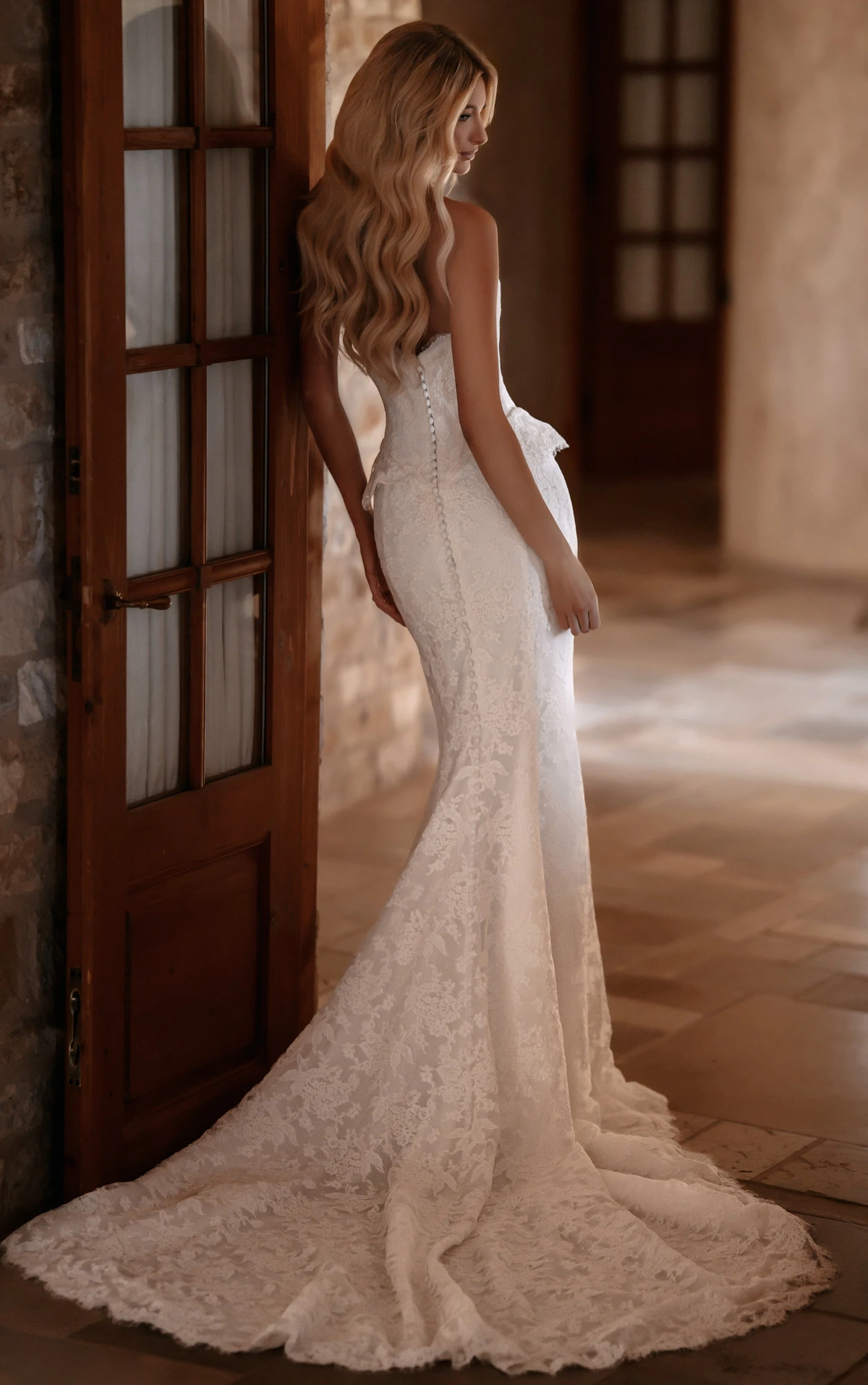 ml2042 Lace Strapless Fit-and-Flare Wedding Gown with Dainty Peplum Waist Detail  by Martina Liana