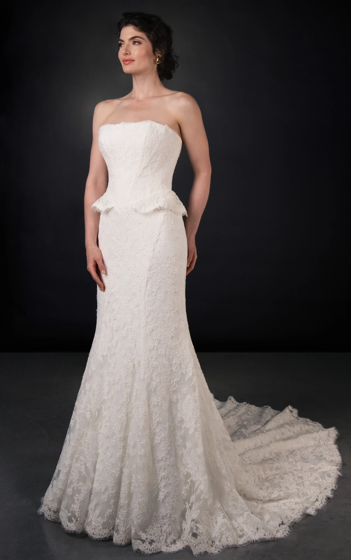 ml2042 Lace Strapless Fit-and-Flare Wedding Gown with Dainty Peplum Waist Detail  by Martina Liana