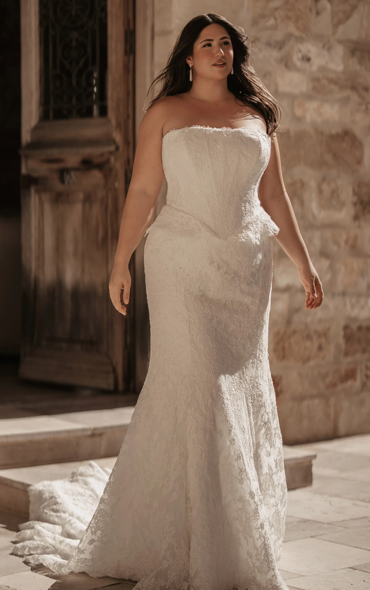 Plus Size Lace Strapless Fit-and-Flare Wedding Gown with Dainty Peplum Waist Detail, ML2042+, byMartina Liana