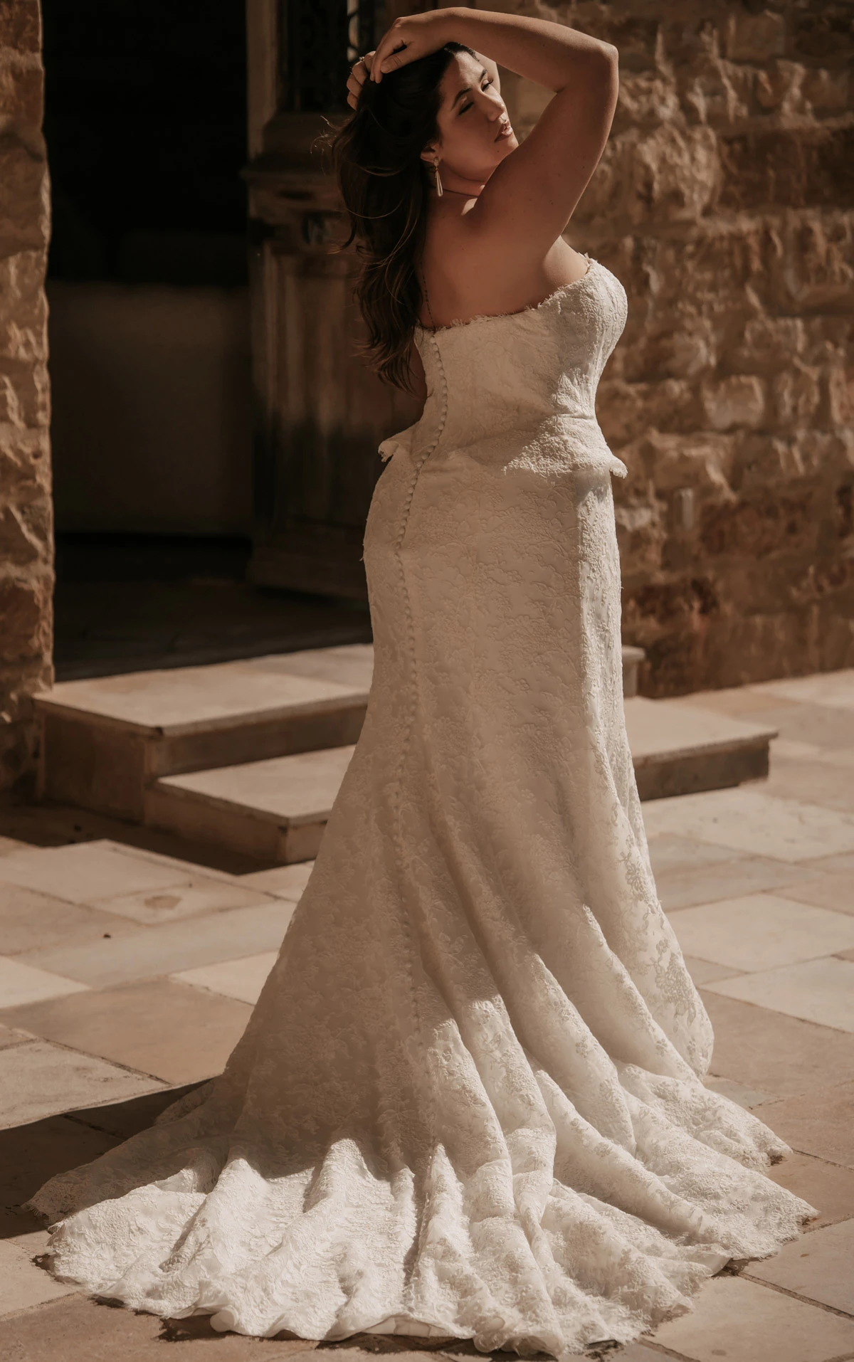 ml2042+ Plus Size Lace Strapless Fit-and-Flare Wedding Gown with Dainty Peplum Waist Detail  by Martina Liana