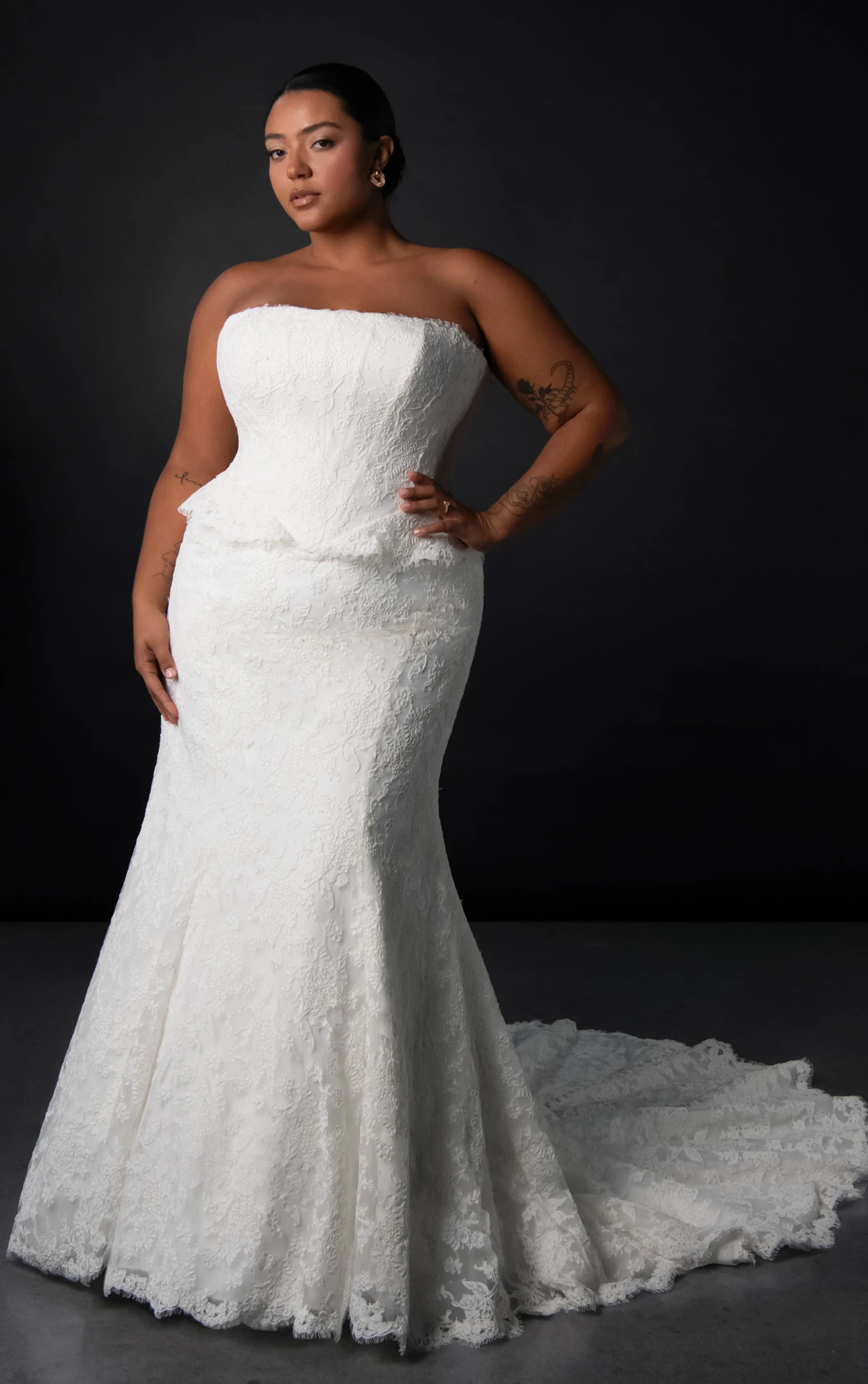ml2042+ Plus Size Lace Strapless Fit-and-Flare Wedding Gown with Dainty Peplum Waist Detail  by Martina Liana