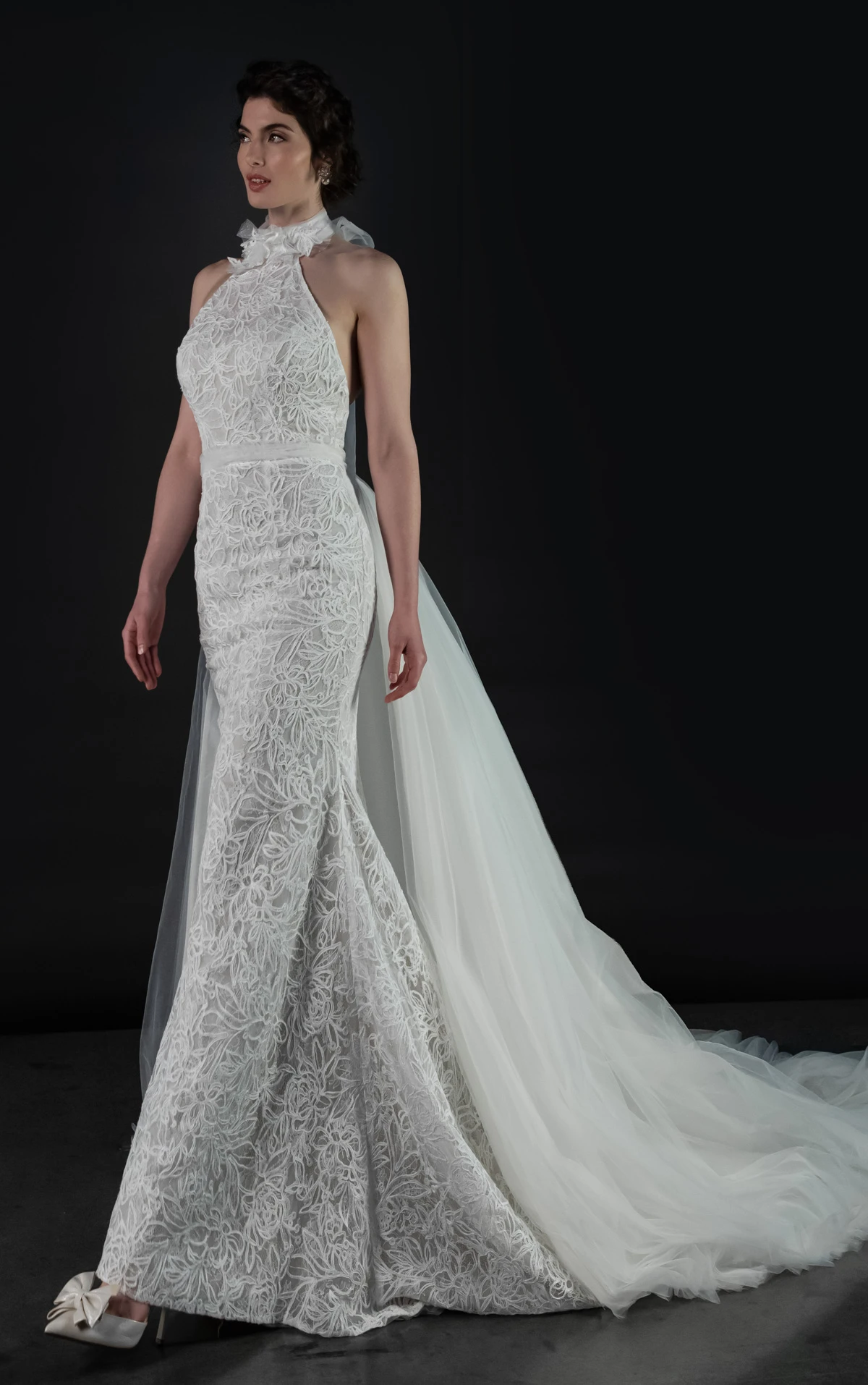 ml2050 High-Neck Halter Lace and Tulle Column Wedding Gown with Detachable Train  by Martina Liana