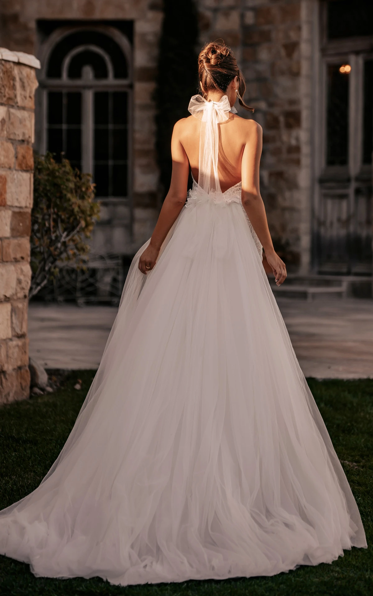ml2050 High-Neck Halter Lace and Tulle Column Wedding Gown with Detachable Train  by Martina Liana