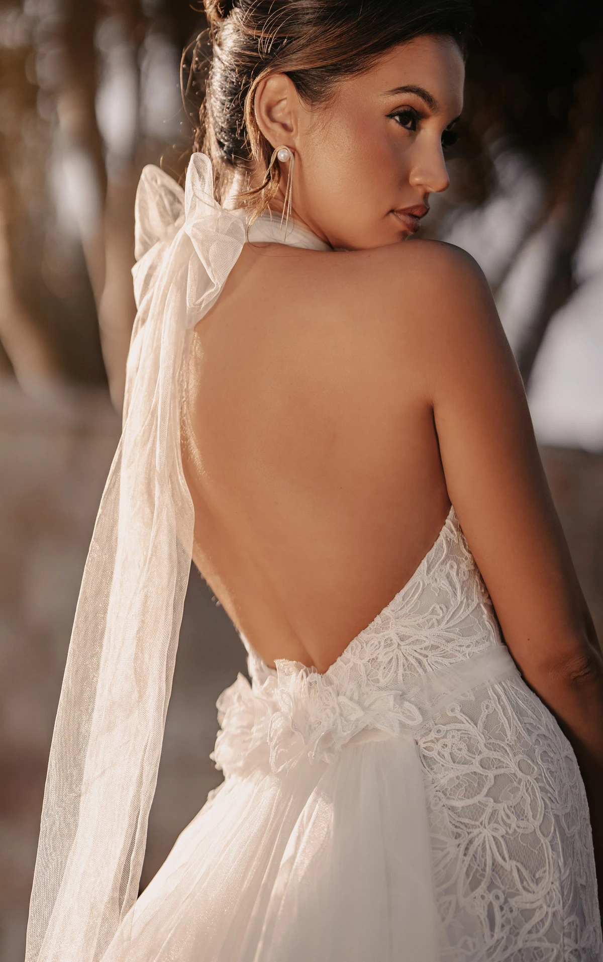 ml2050 High-Neck Halter Lace and Tulle Column Wedding Gown with Detachable Train  by Martina Liana