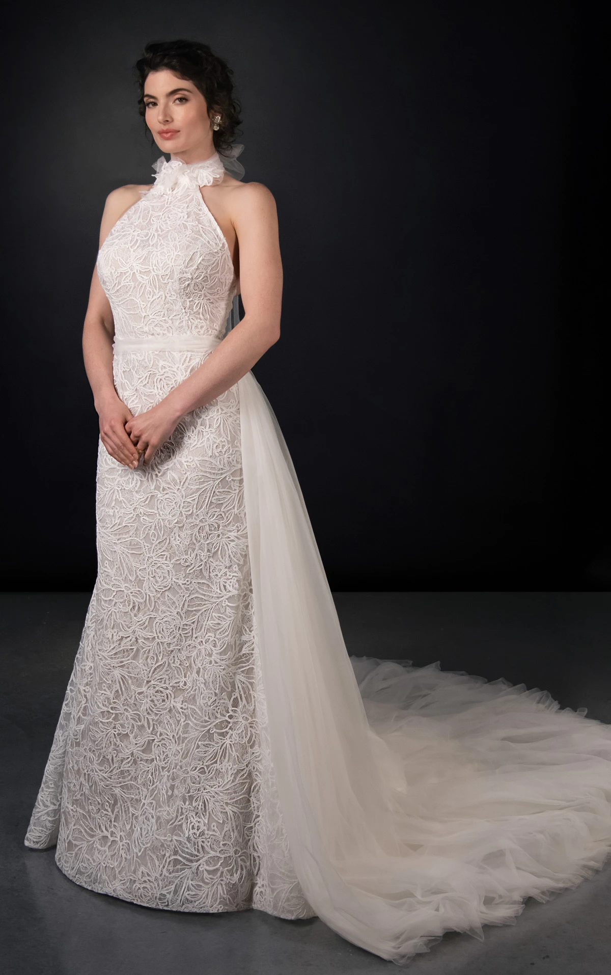 ml2050 High-Neck Halter Lace and Tulle Column Wedding Gown with Detachable Train  by Martina Liana