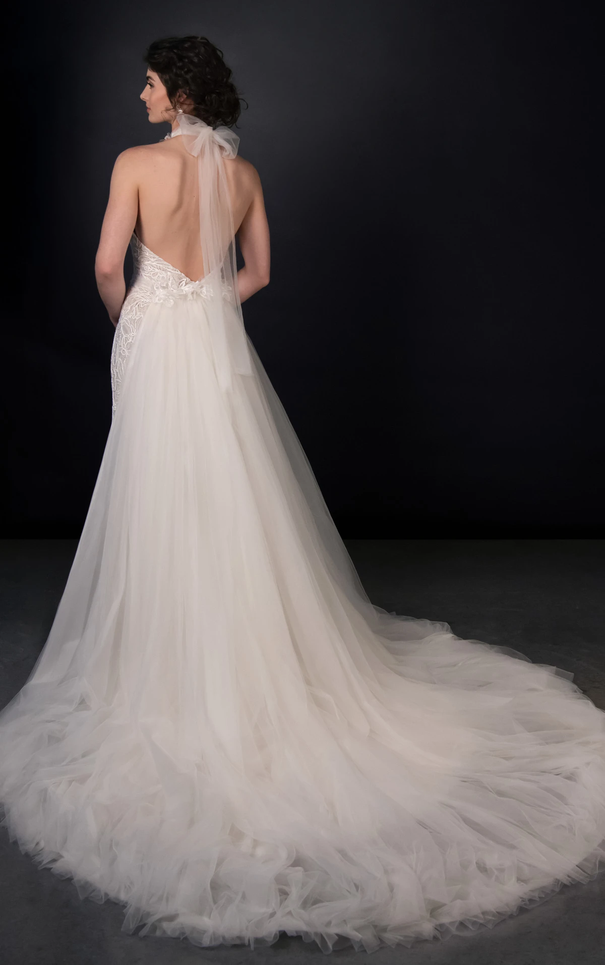 ml2050 High-Neck Halter Lace and Tulle Column Wedding Gown with Detachable Train  by Martina Liana