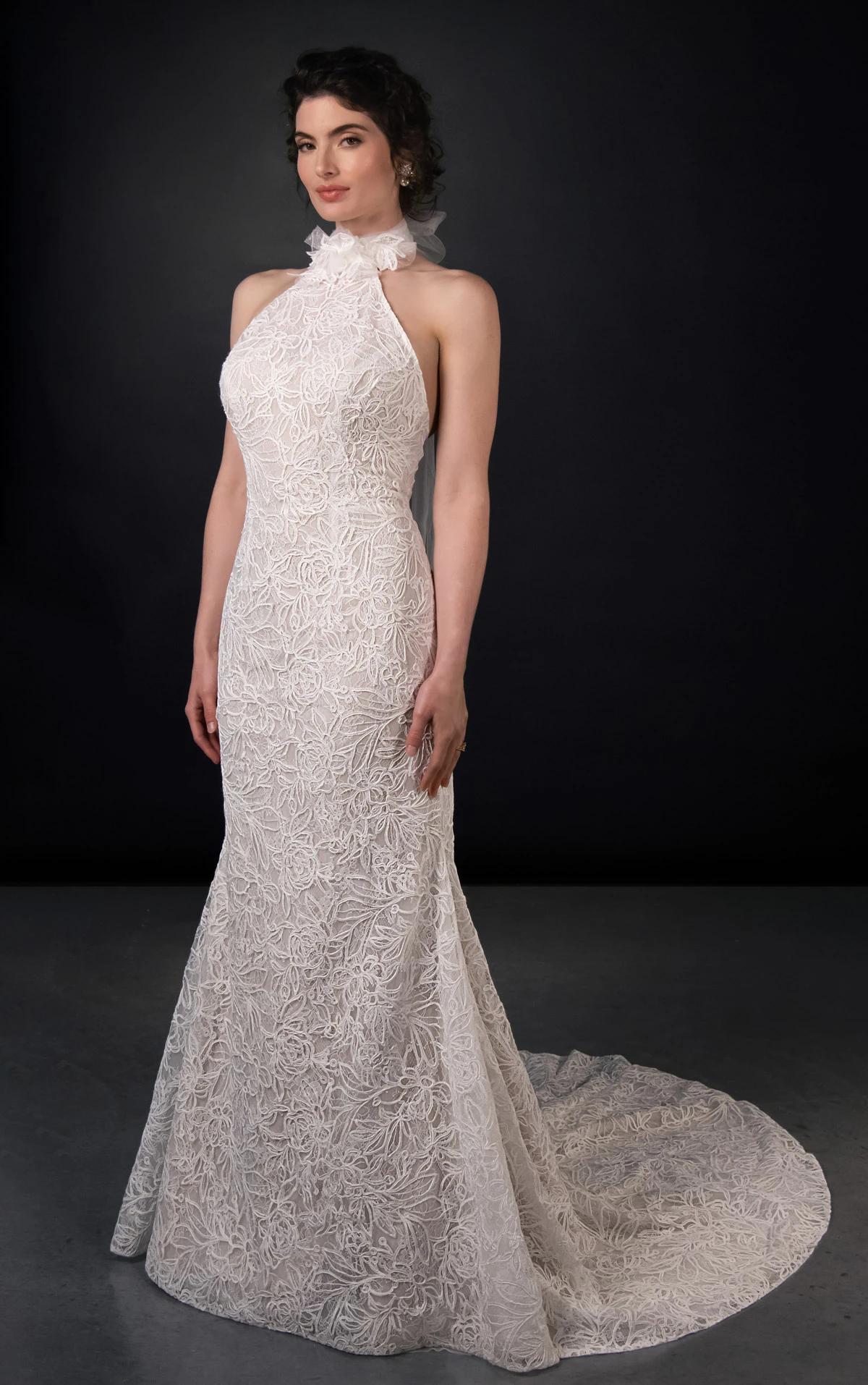 ml2050 High-Neck Halter Lace and Tulle Column Wedding Gown with Detachable Train  by Martina Liana