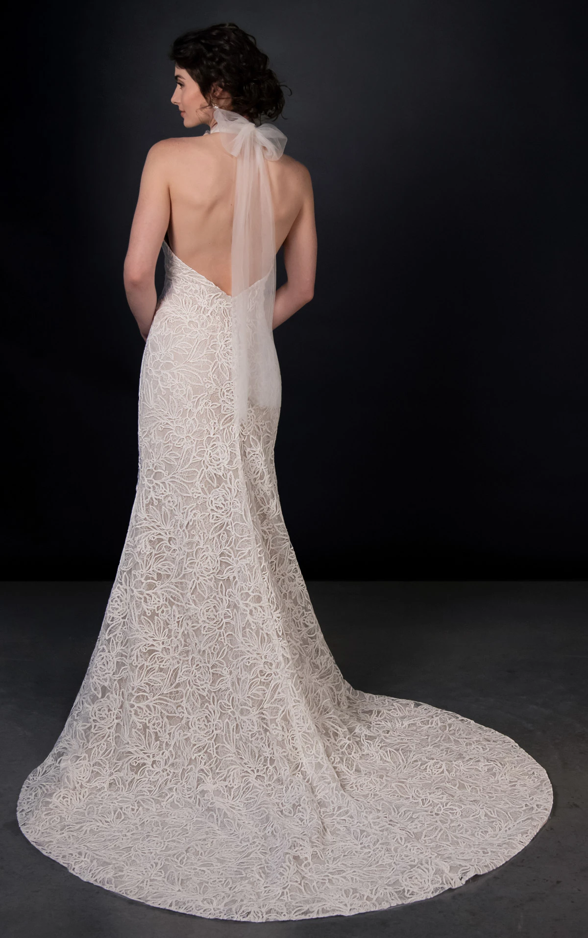 ml2050 High-Neck Halter Lace and Tulle Column Wedding Gown with Detachable Train  by Martina Liana
