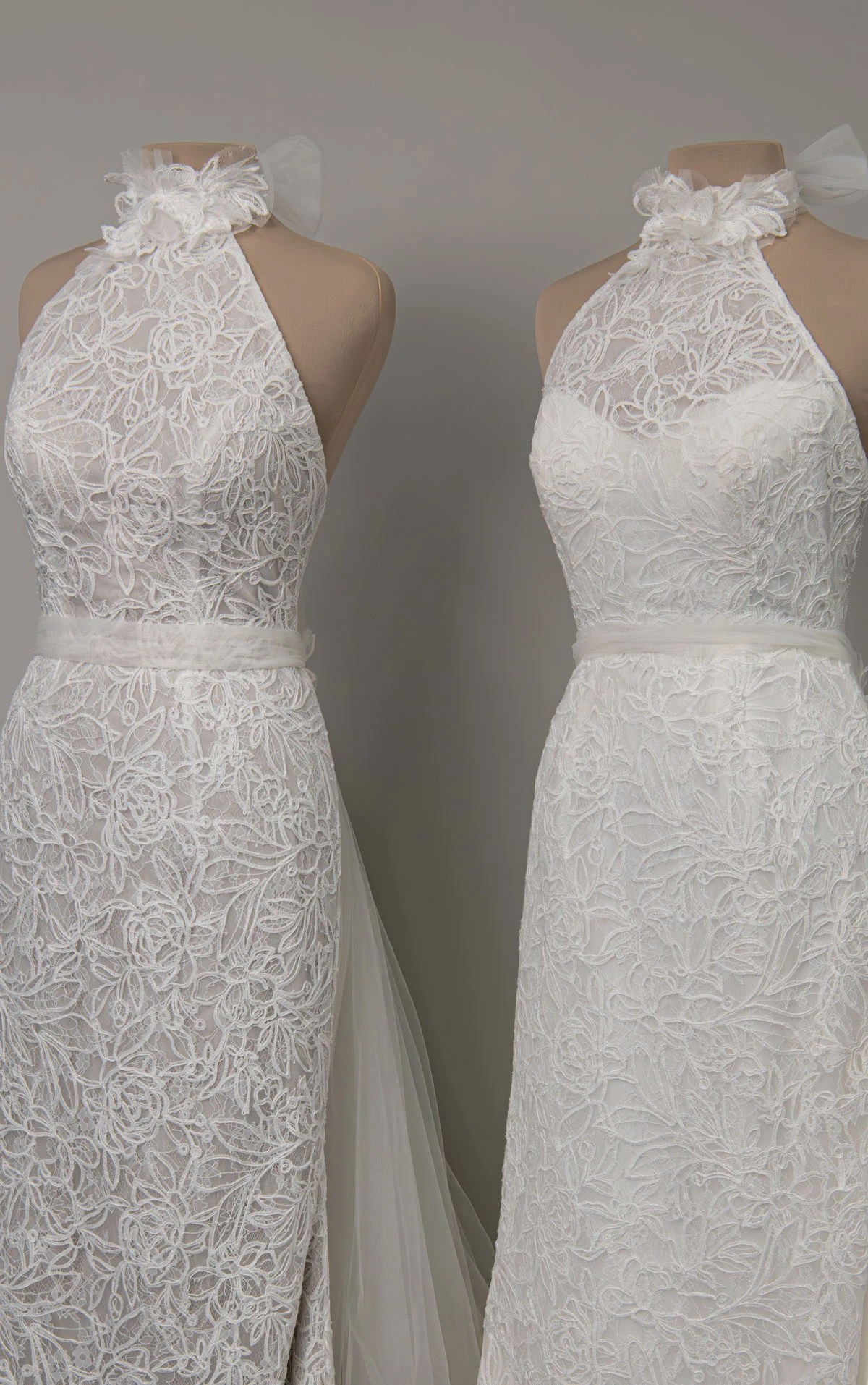 ml2050 High-Neck Halter Lace and Tulle Column Wedding Gown with Detachable Train  by Martina Liana