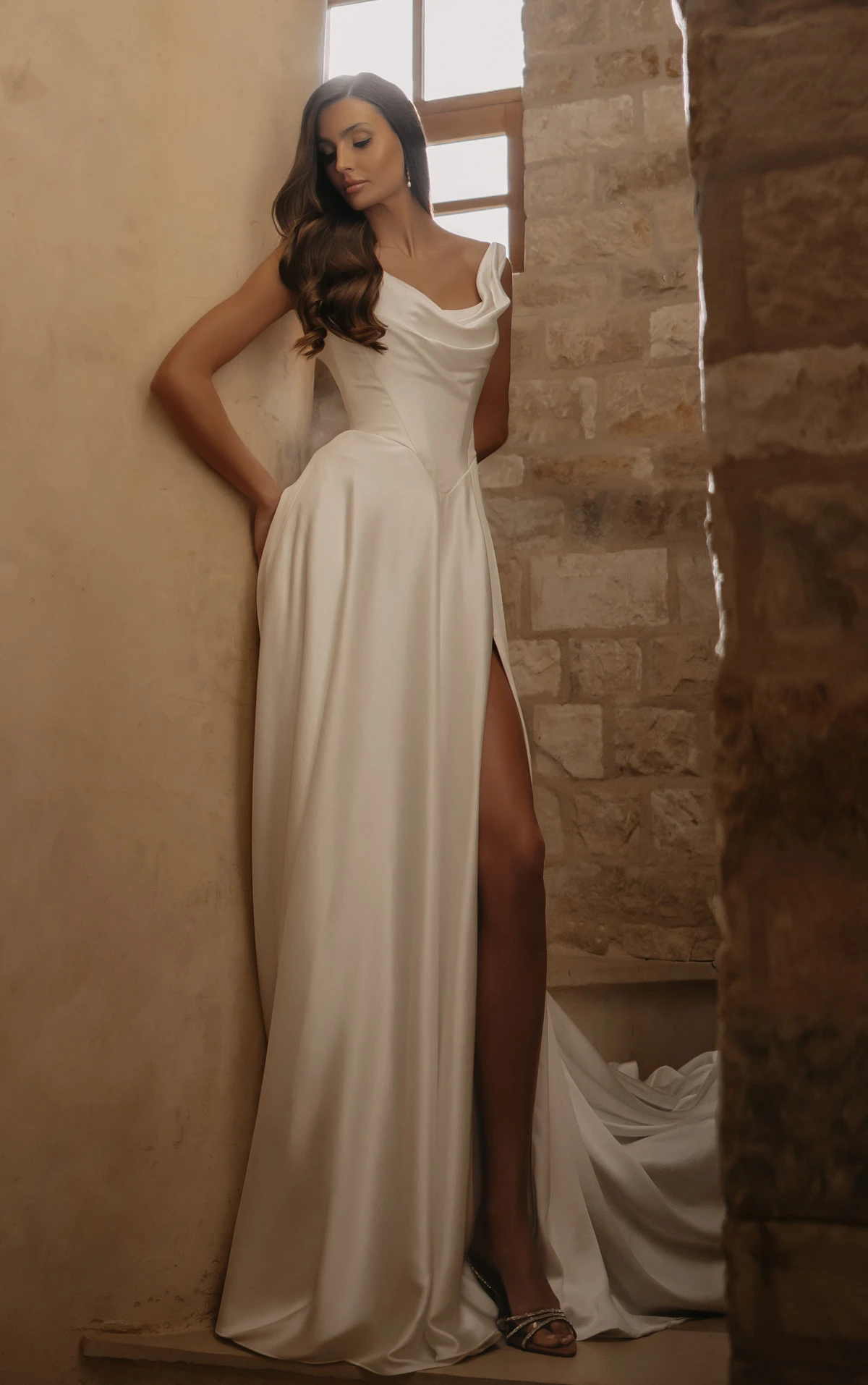 ml2058 Sandwashed Charmeuse A-Line Wedding Gown with Cowl Neckline  by Martina Liana