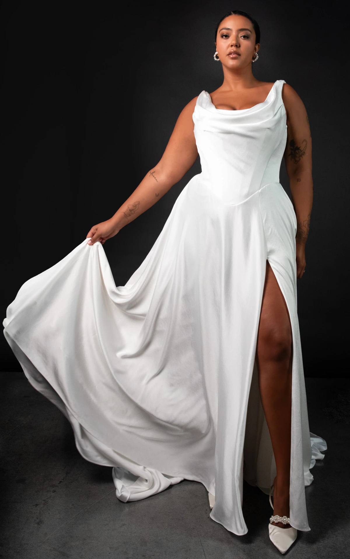 Plus Size Sandwashed Charmeuse A-Line Wedding Gown with Cowl Neckline, ML2058+, byMartina Liana