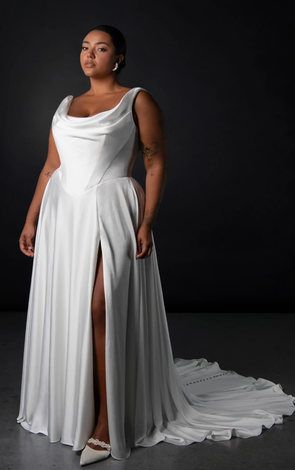 Satin A-Line Plus Size Bridal Dress with Cowl Neck and Slit